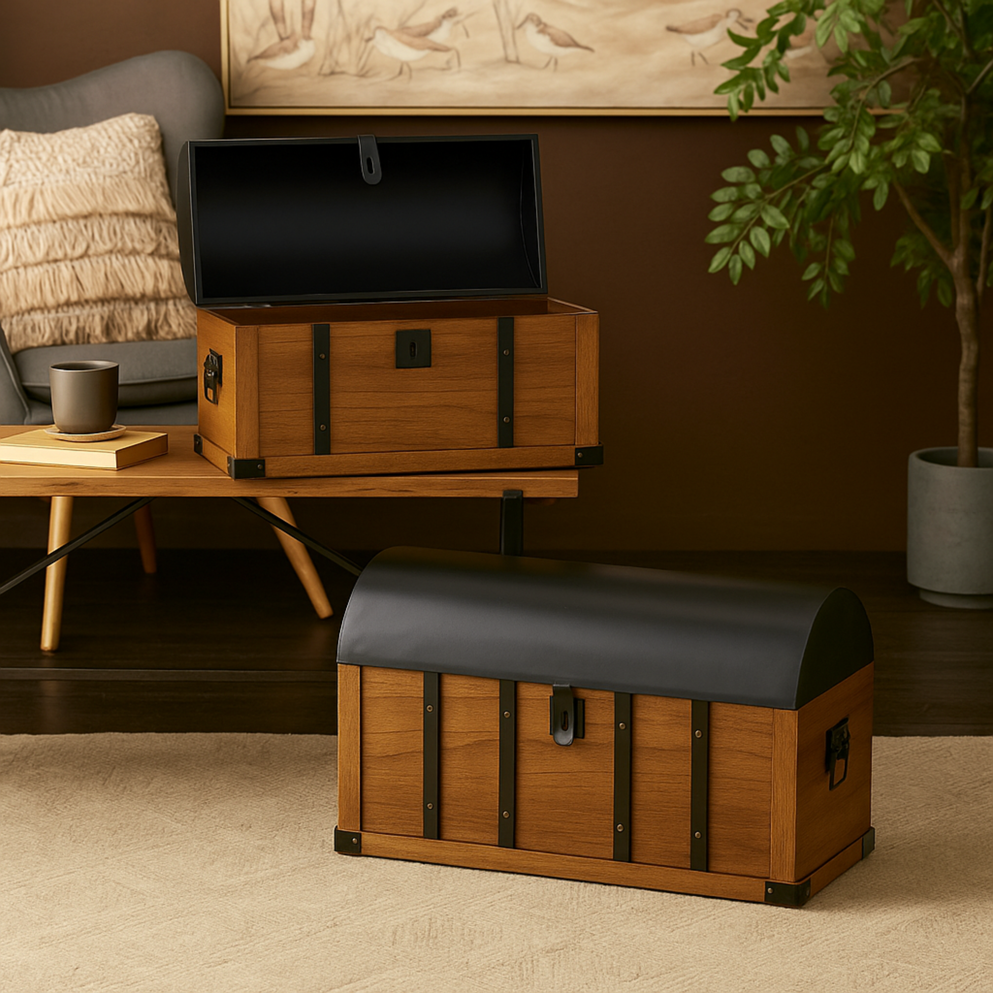 Set of 2 Brown Wooden Studded Storage Decorative Trunk with Black Metal Arched Tops and Vertical Strips