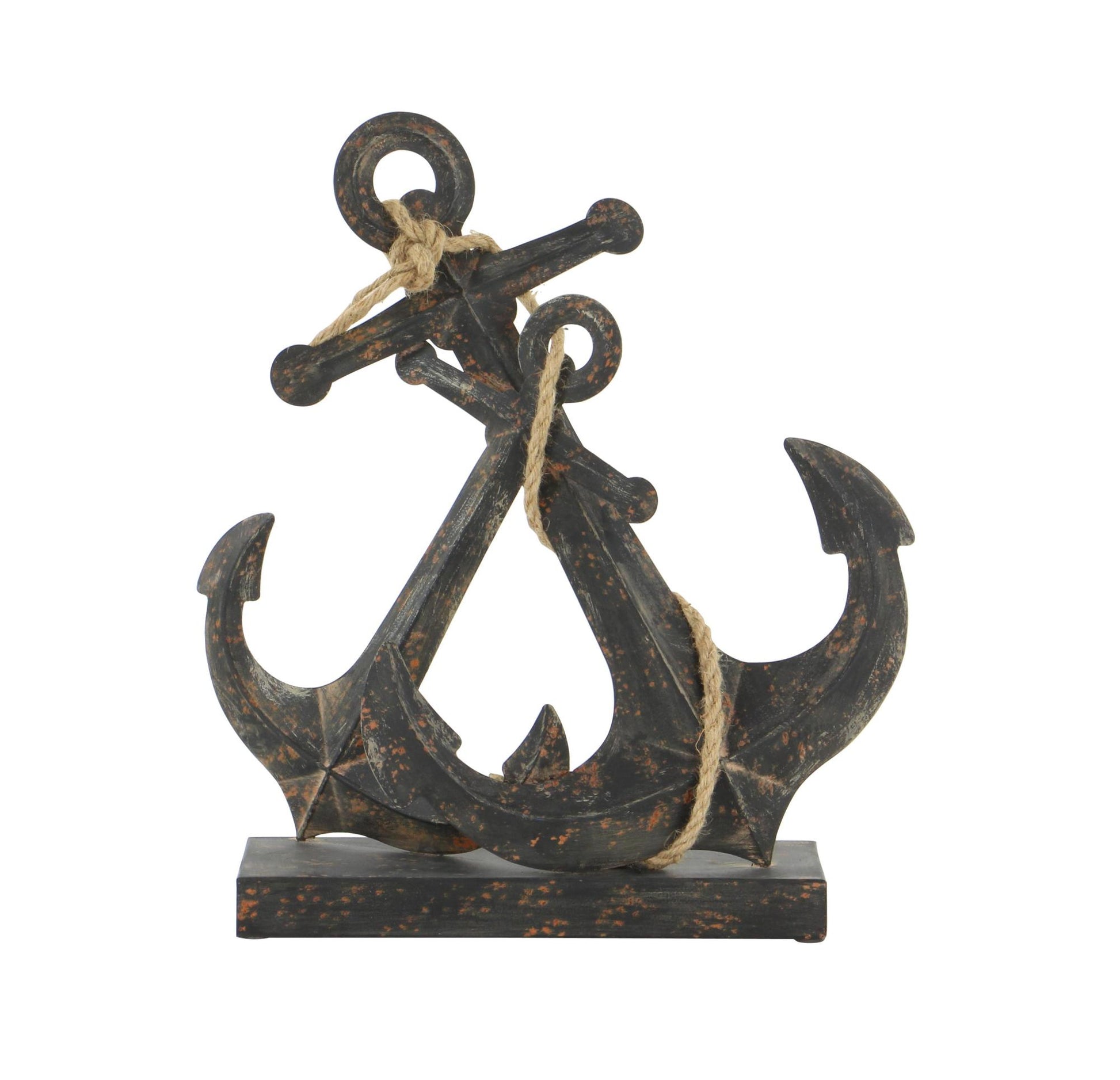 Anchor Black Metal Decorative Sculpture with Jute Rope Accents