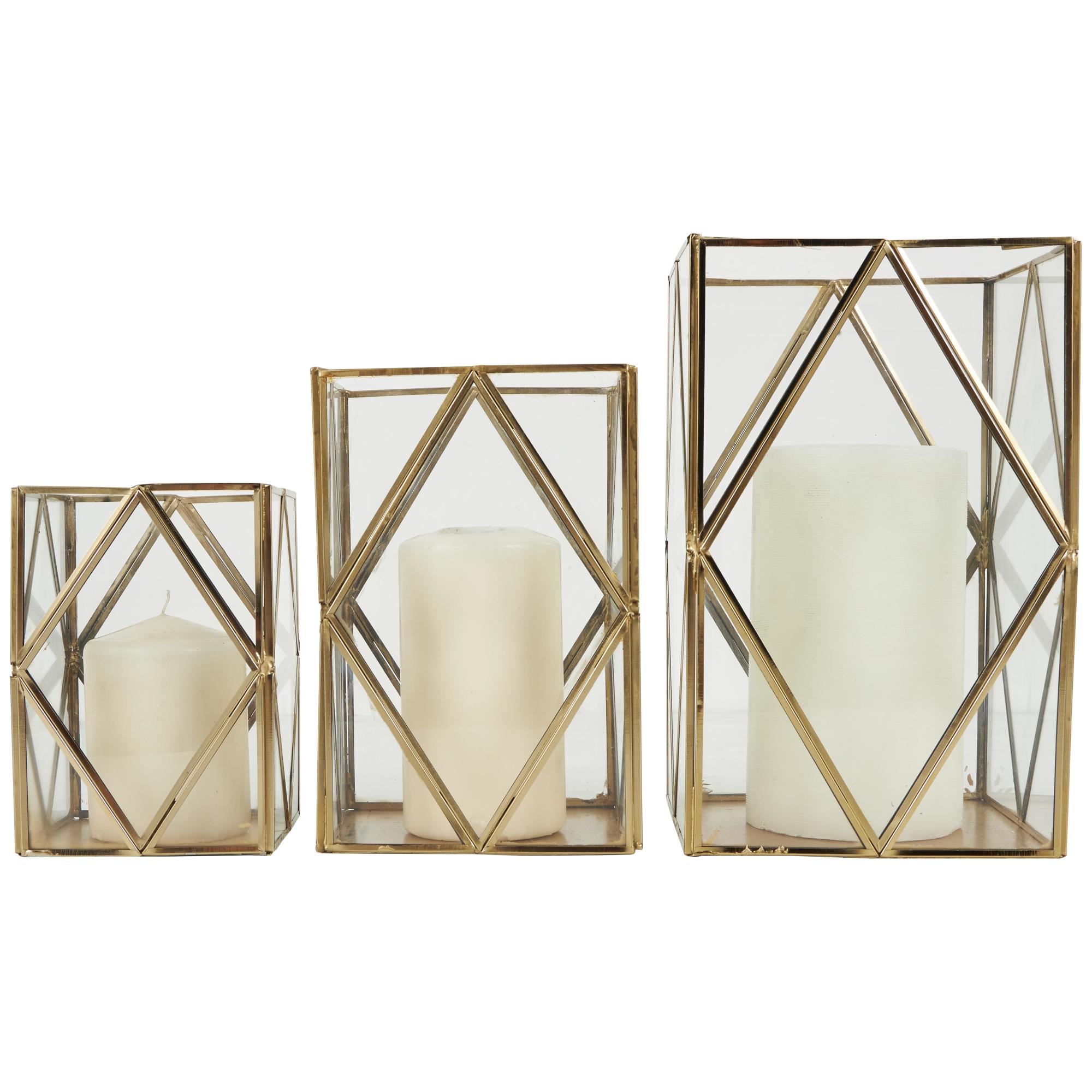 CosmoLiving by Cosmopolitan Set of 3 Geometric Gold Metal Diamond Patterned Rectangular Indoor Outdoor Candle Lantern