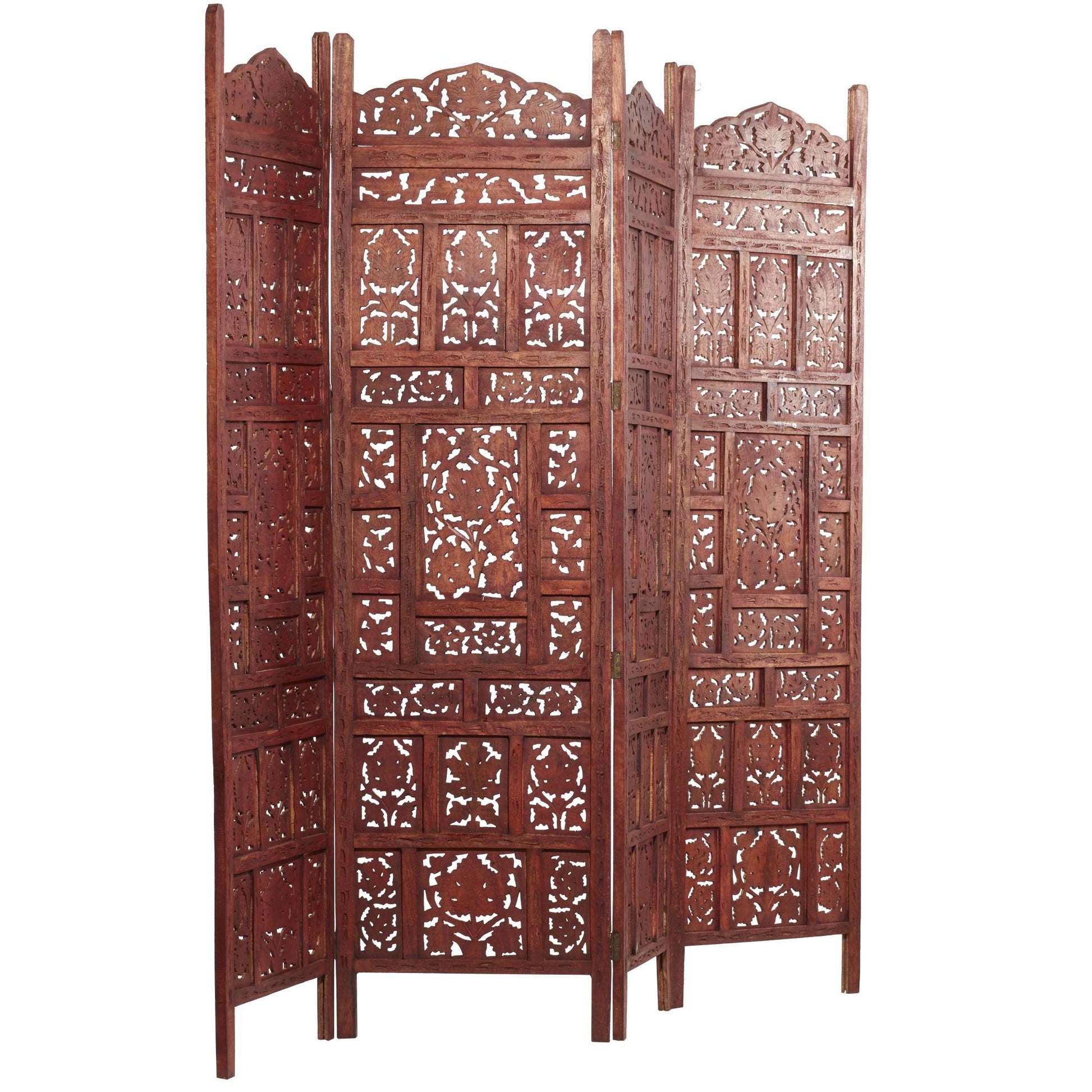 Floral Red Wood Handmade Carved Foldable Partition 4 Panel Partition Room Divider Screen