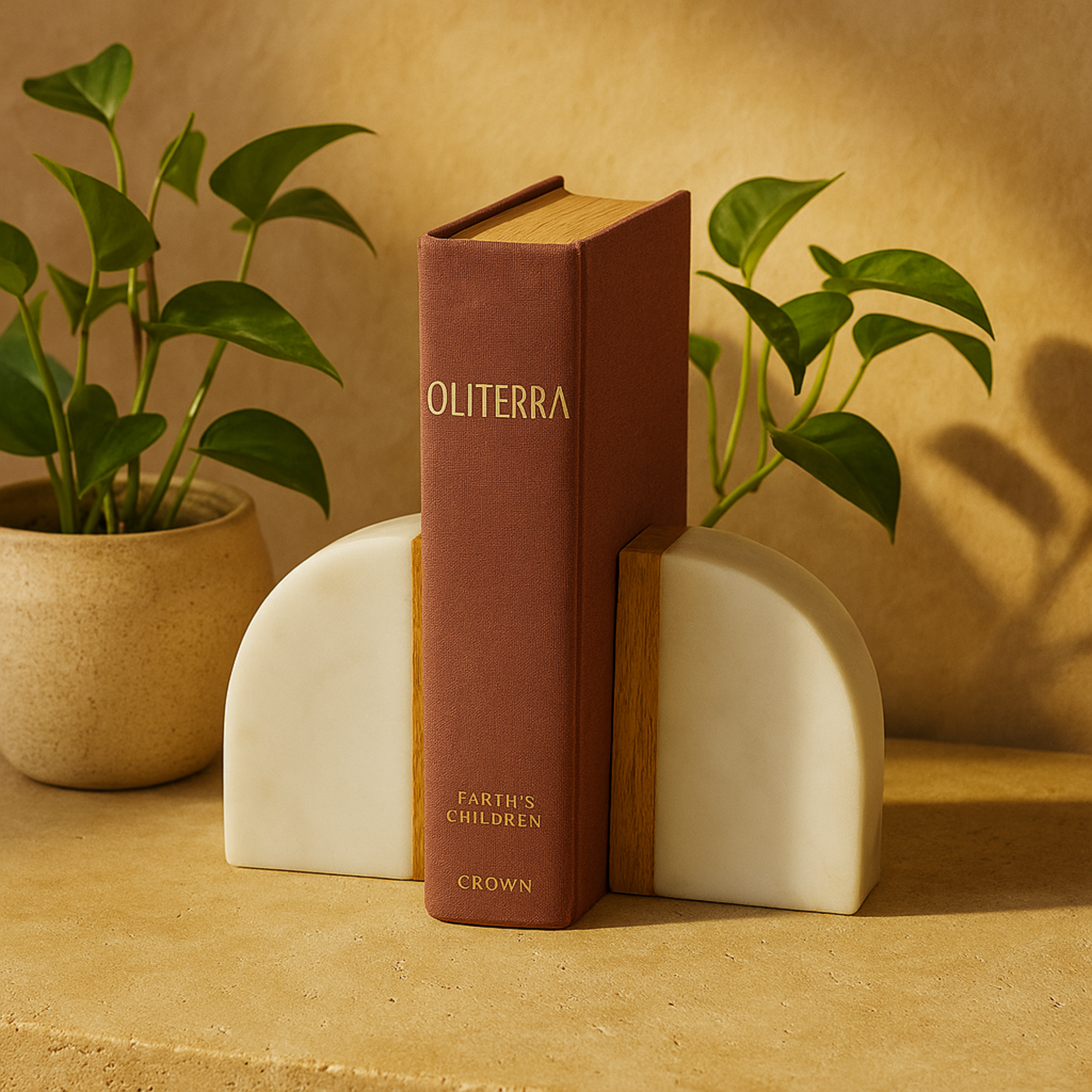 Set of 2 Geometric White Marble Arch Decorative Bookends with Wood Accent