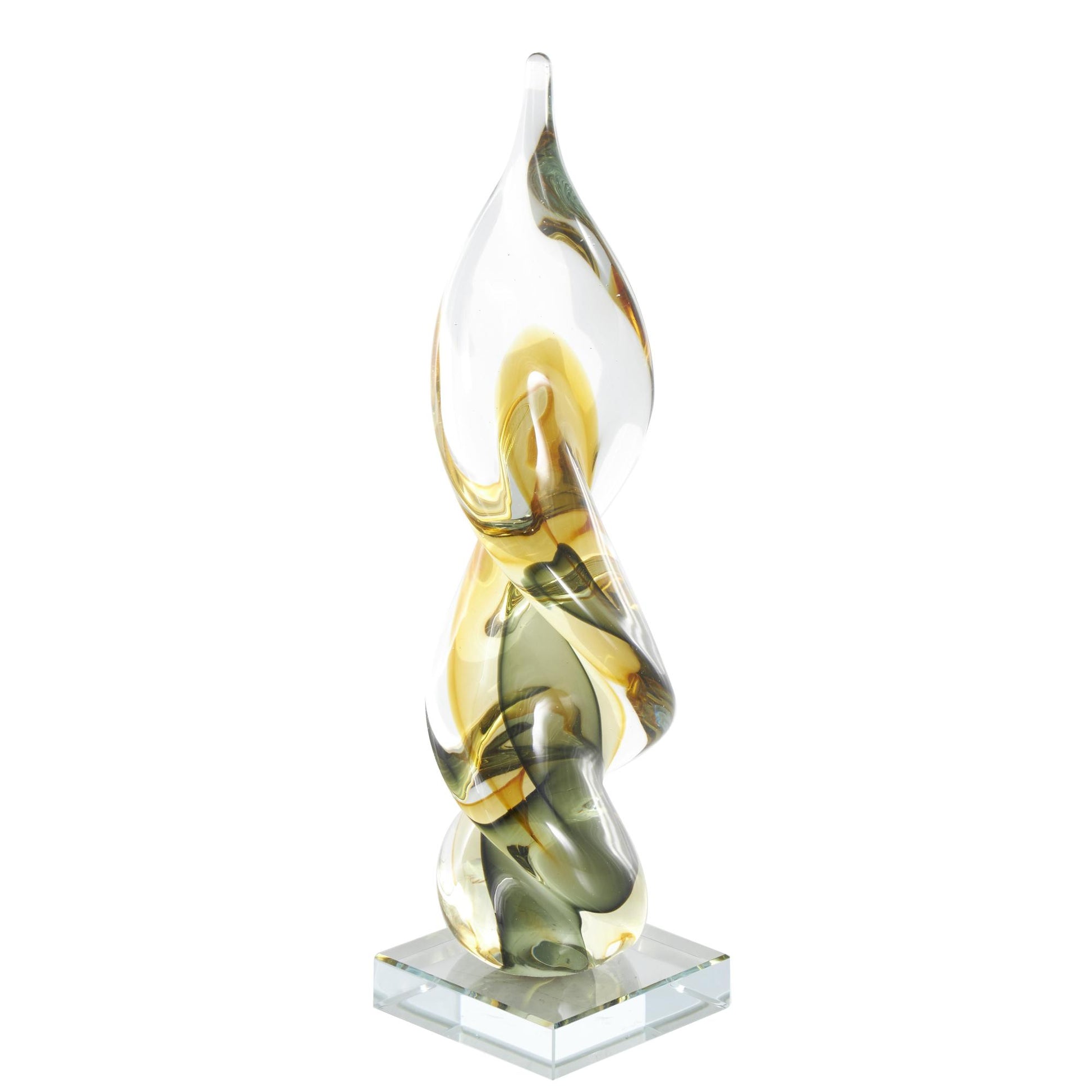 Abstract Clear Glass Twisted Decorative Sculpture with Green Accents