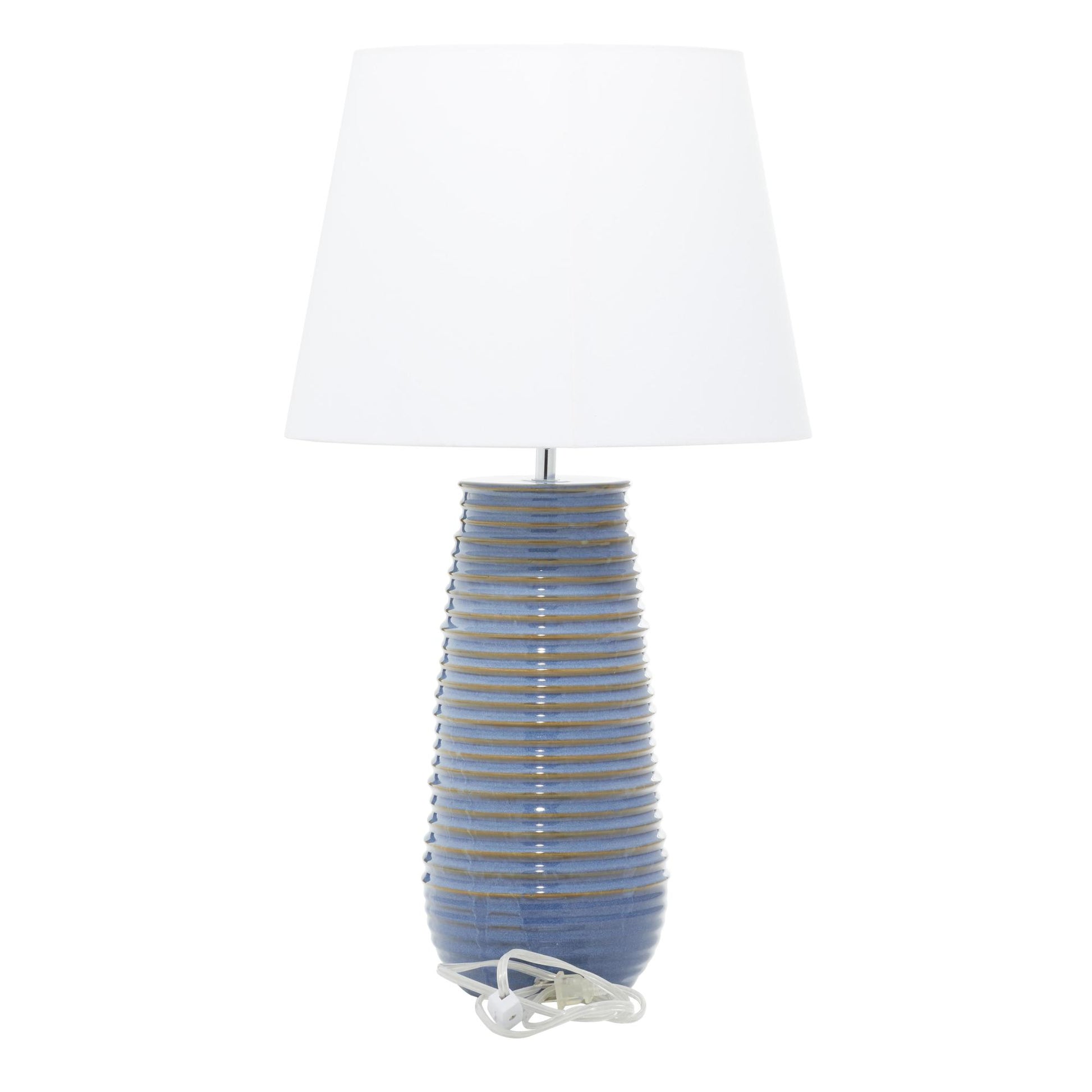 Blue Ceramic Ribbed Room Table Lamp with Drum Shade