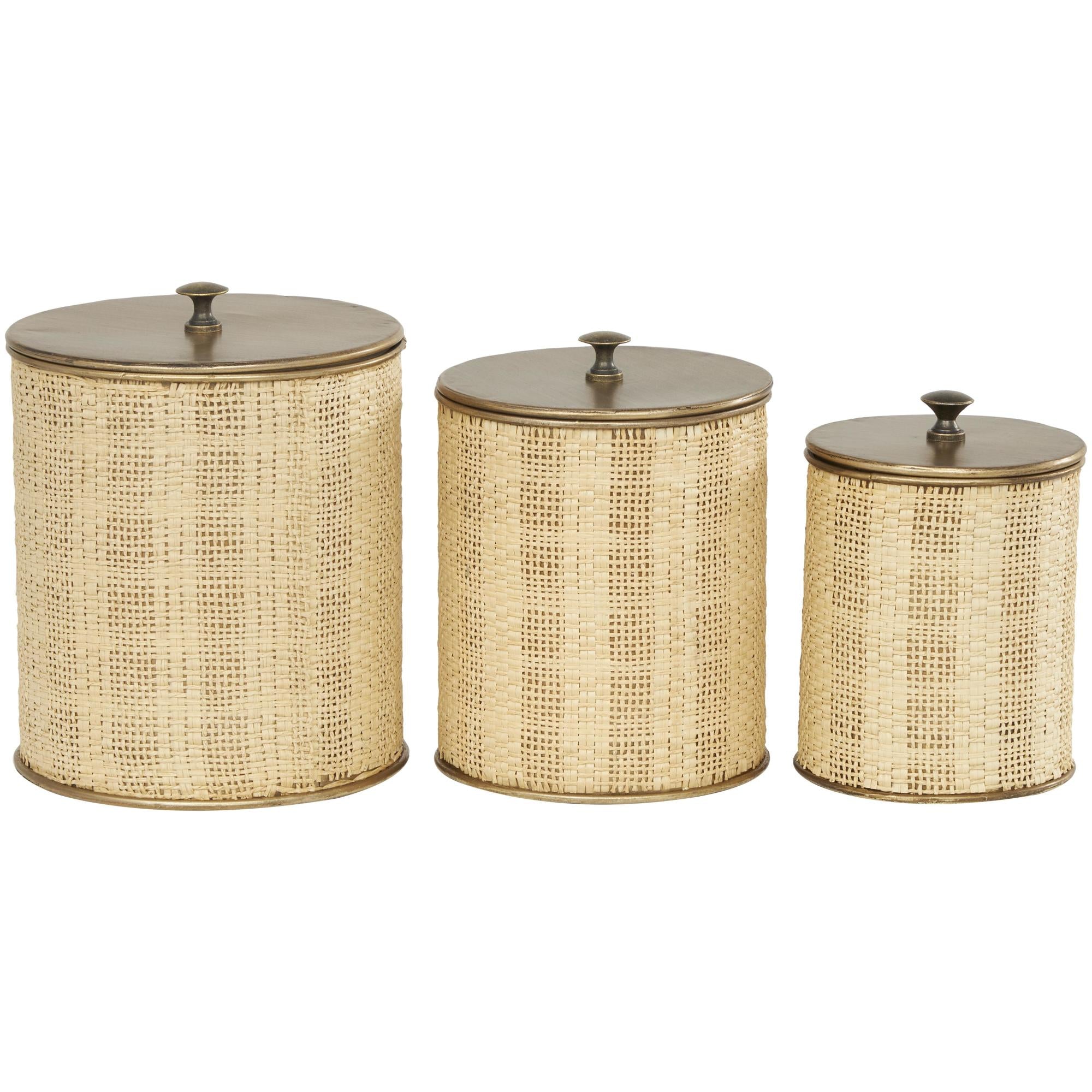 Set of 3 Beige Metal Handmade Woven Living Room Decorative Jars with Bronze Metal Lids
