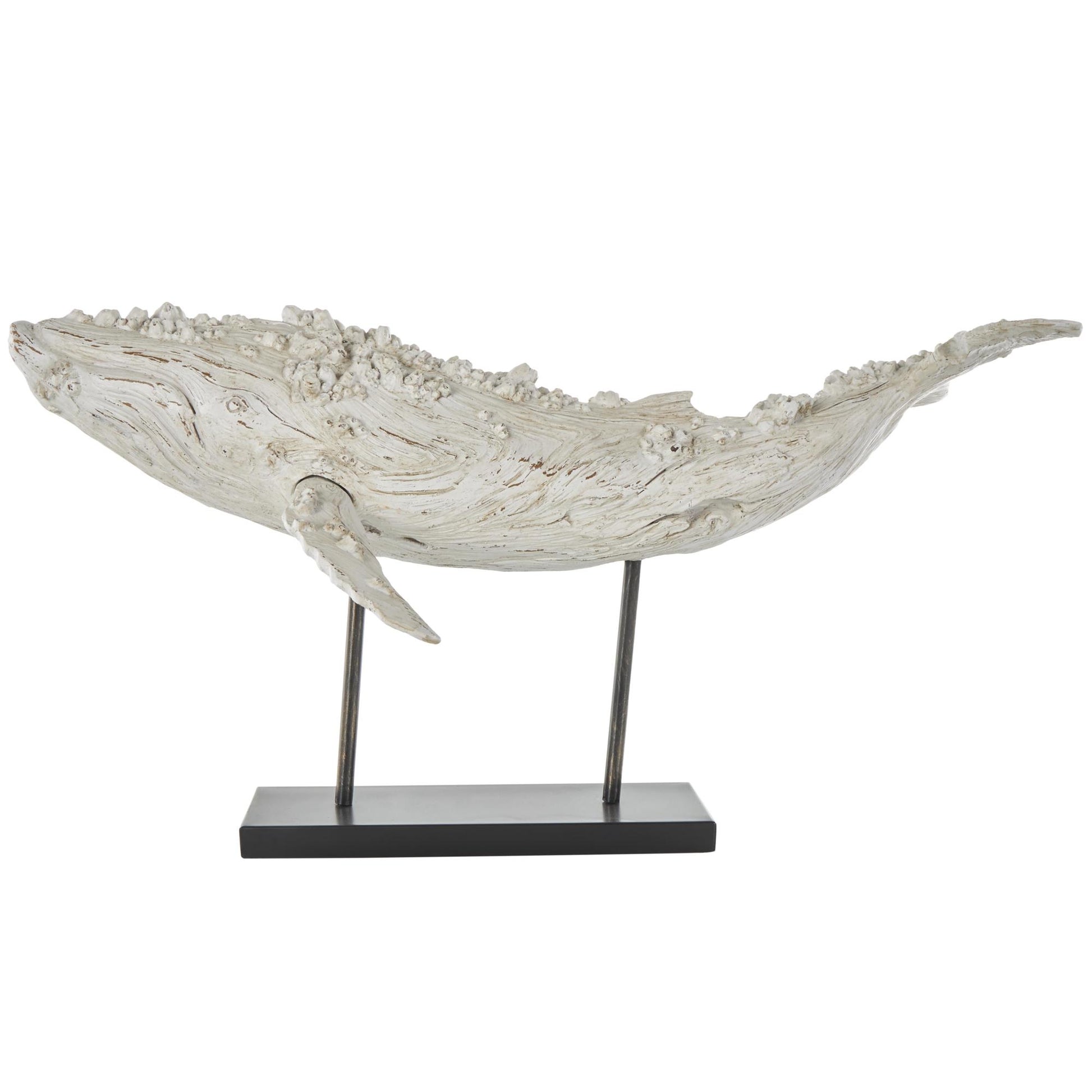Whale Cream Polystone Textured Decorative Sculpture with Brown Distressing and Black Metal Stand