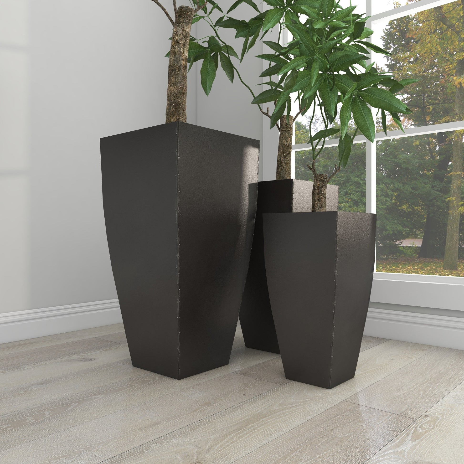 Set of 3 Metal Light Weight Indoor Outdoor Planter with Tapered Base