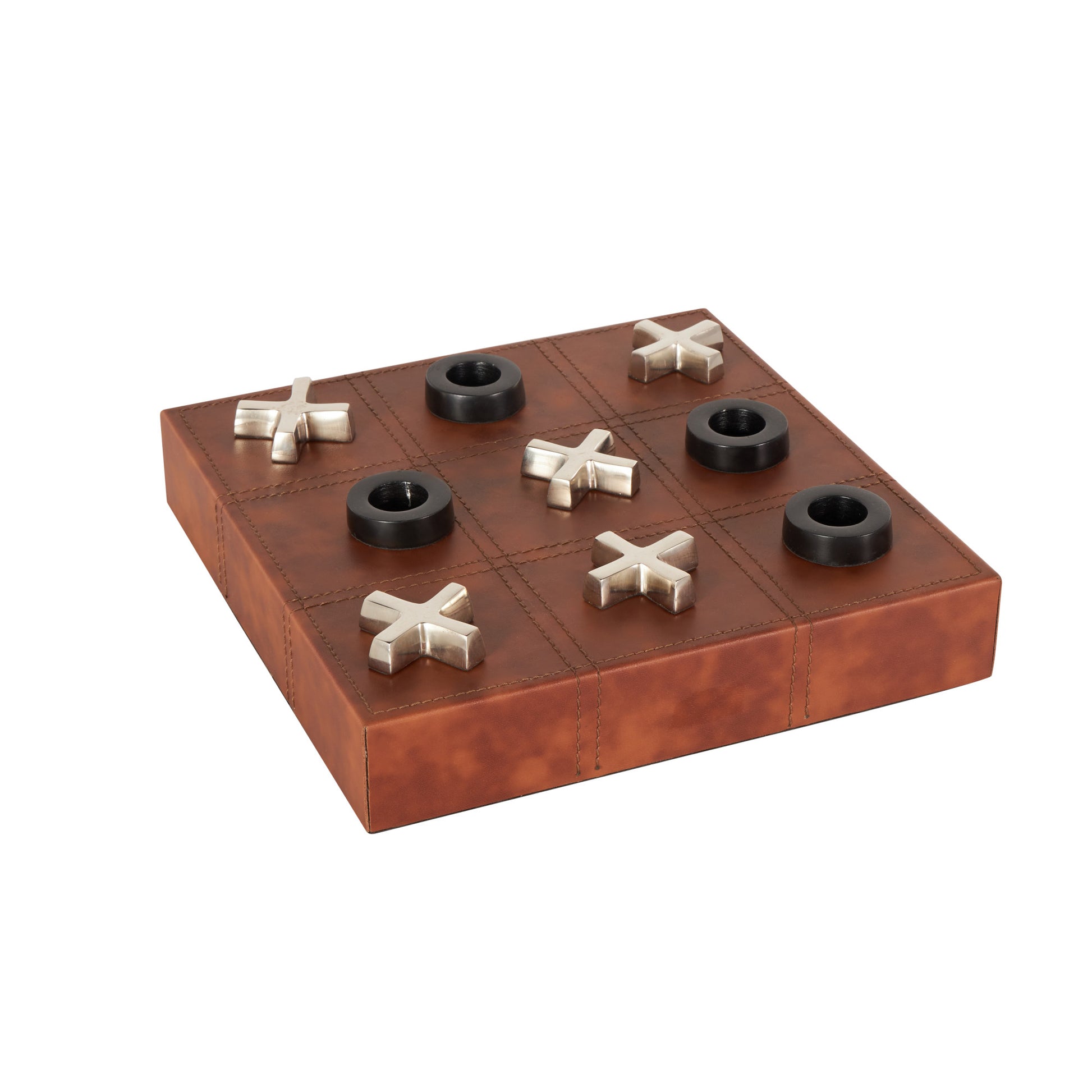 Tic Tac Toe Brown Faux Leather Home Decor Game Set with Black and Silver Pieces