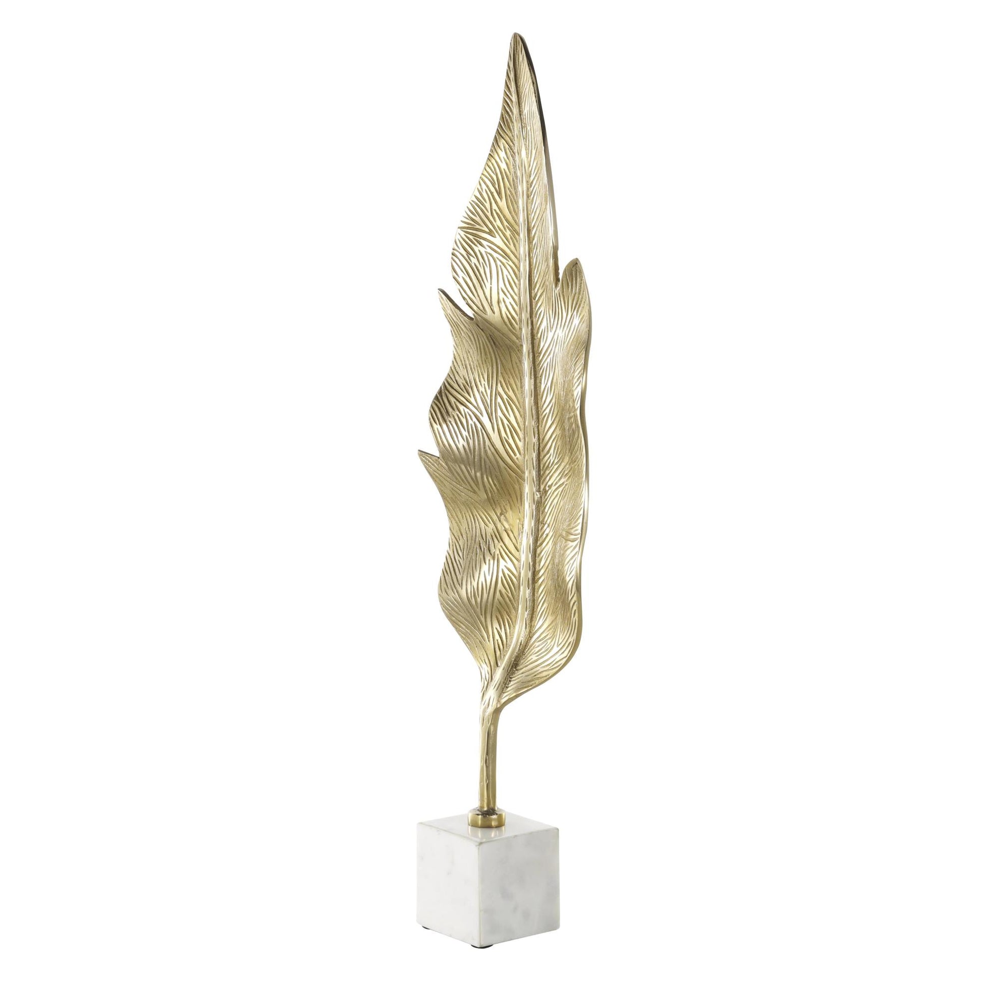 Leaf Gold Aluminum Metal Tall Textured Decorative Sculpture with White Marble Base