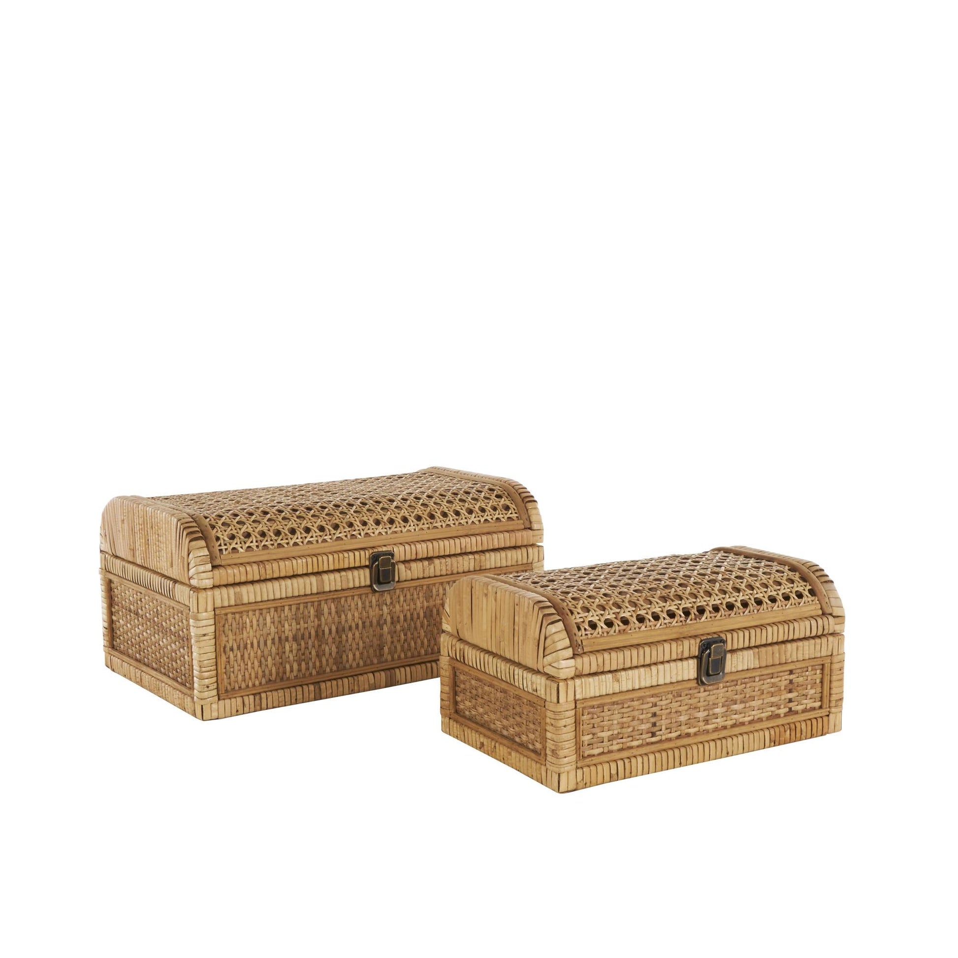 Set of 2 Brown Rattan Handmade Woven Storage Decorative Box with Curved Tops and Wrapped Edges
