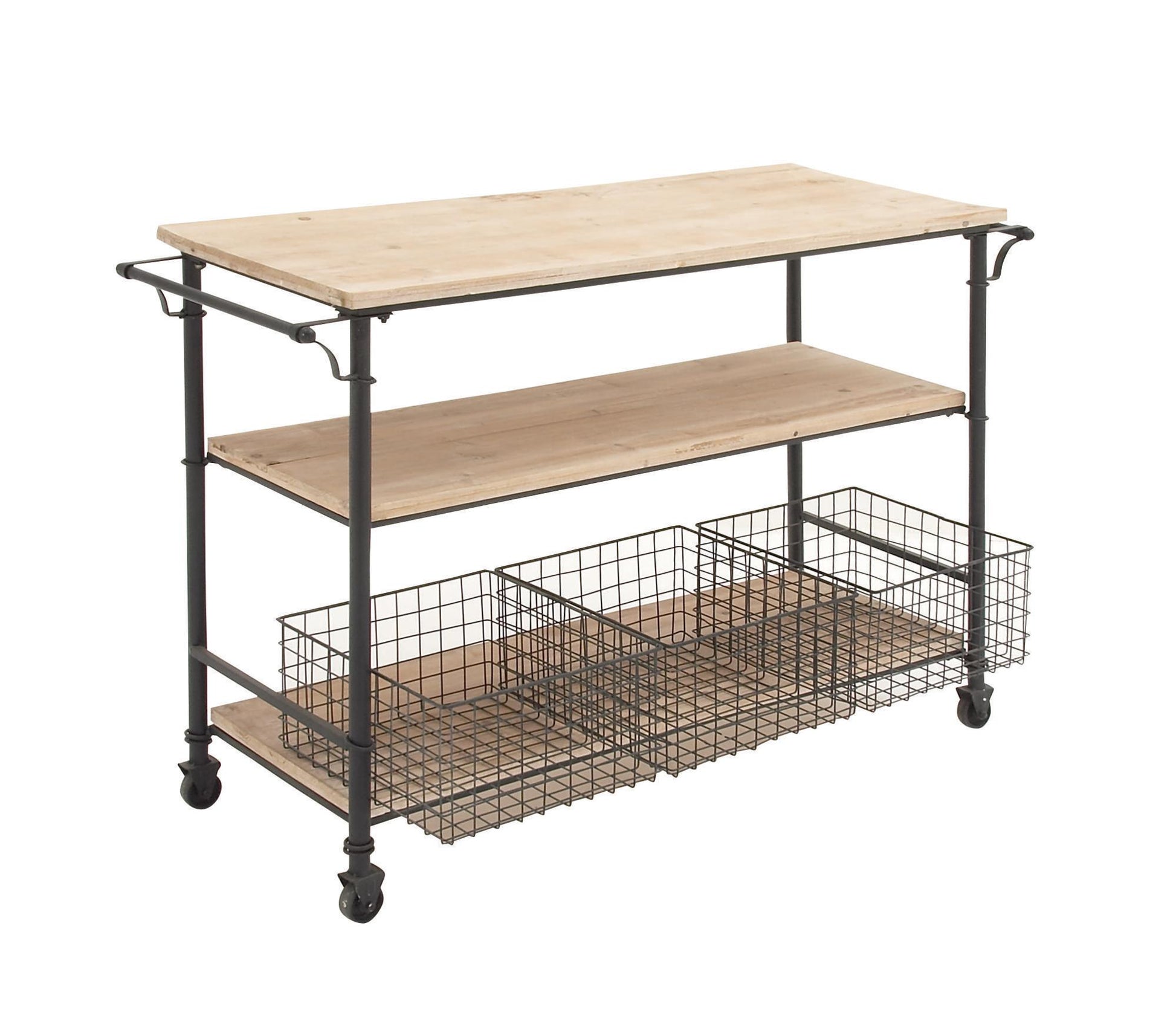 Brown Wood Rolling Cart 3 Drawer Room Storage Unit with Black Wire Baskets