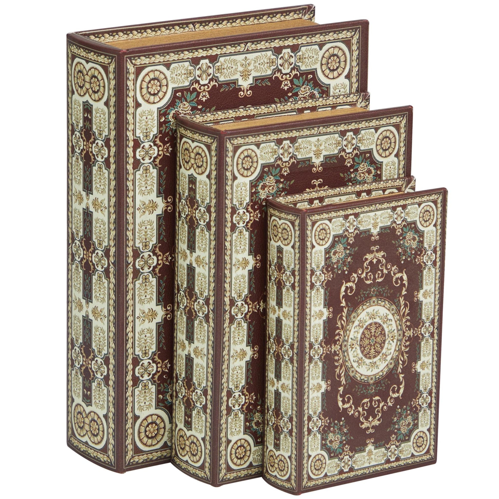 Set of 3 Scroll Red Canvas Faux Book Storage Decorative Box with Cream Floral Arabesque Patterns