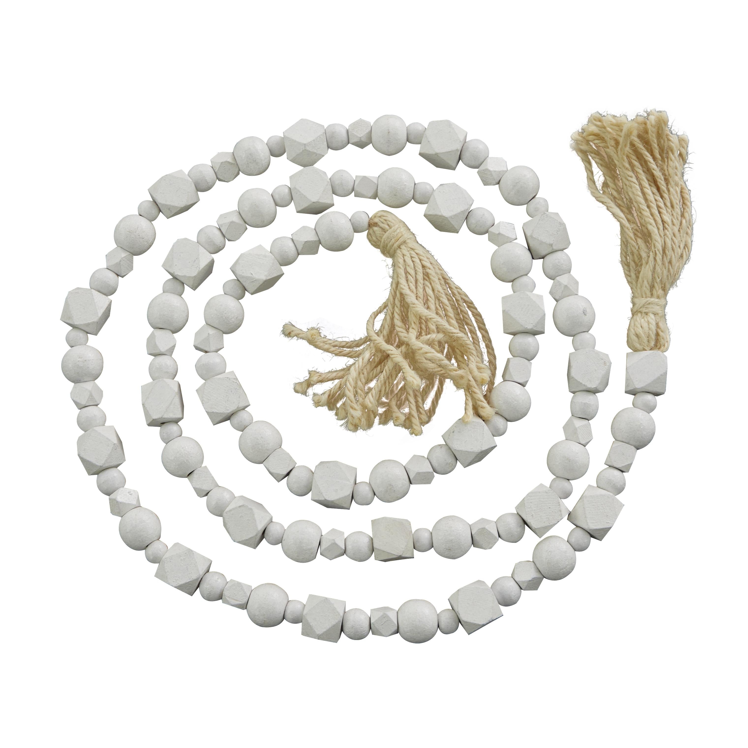 Mango Wood Handmade Hexagon Carved Geometric Long Beaded Garland with Tassel