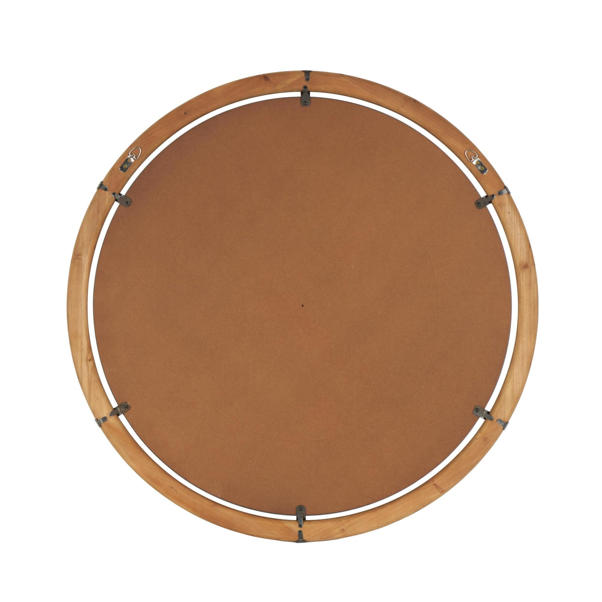 Brown Wood Round Room Wall Mirror with Brass Metal Support