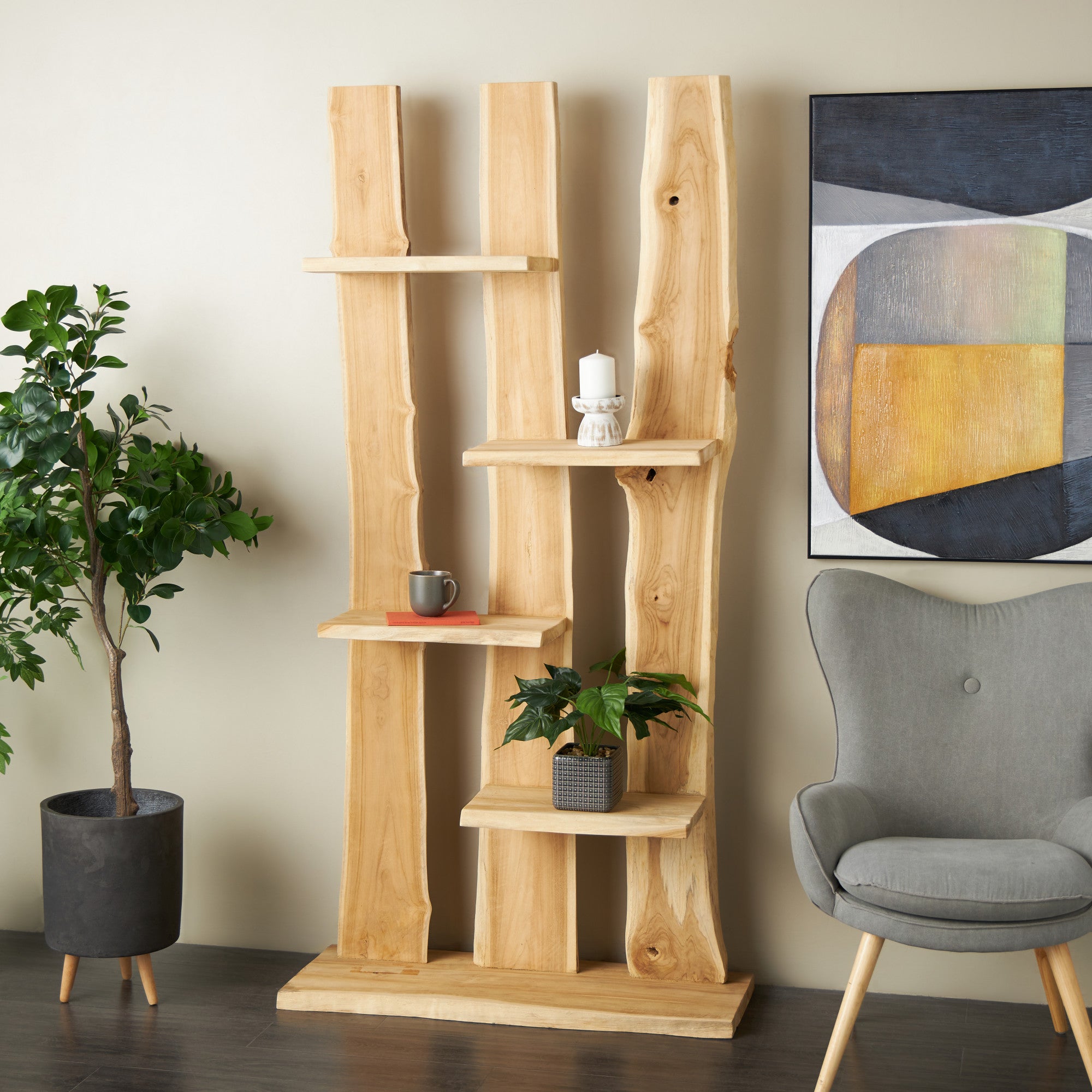 Light Brown Teak Wood Handmade Live Edge 4 Shelf Storage Shelving Unit