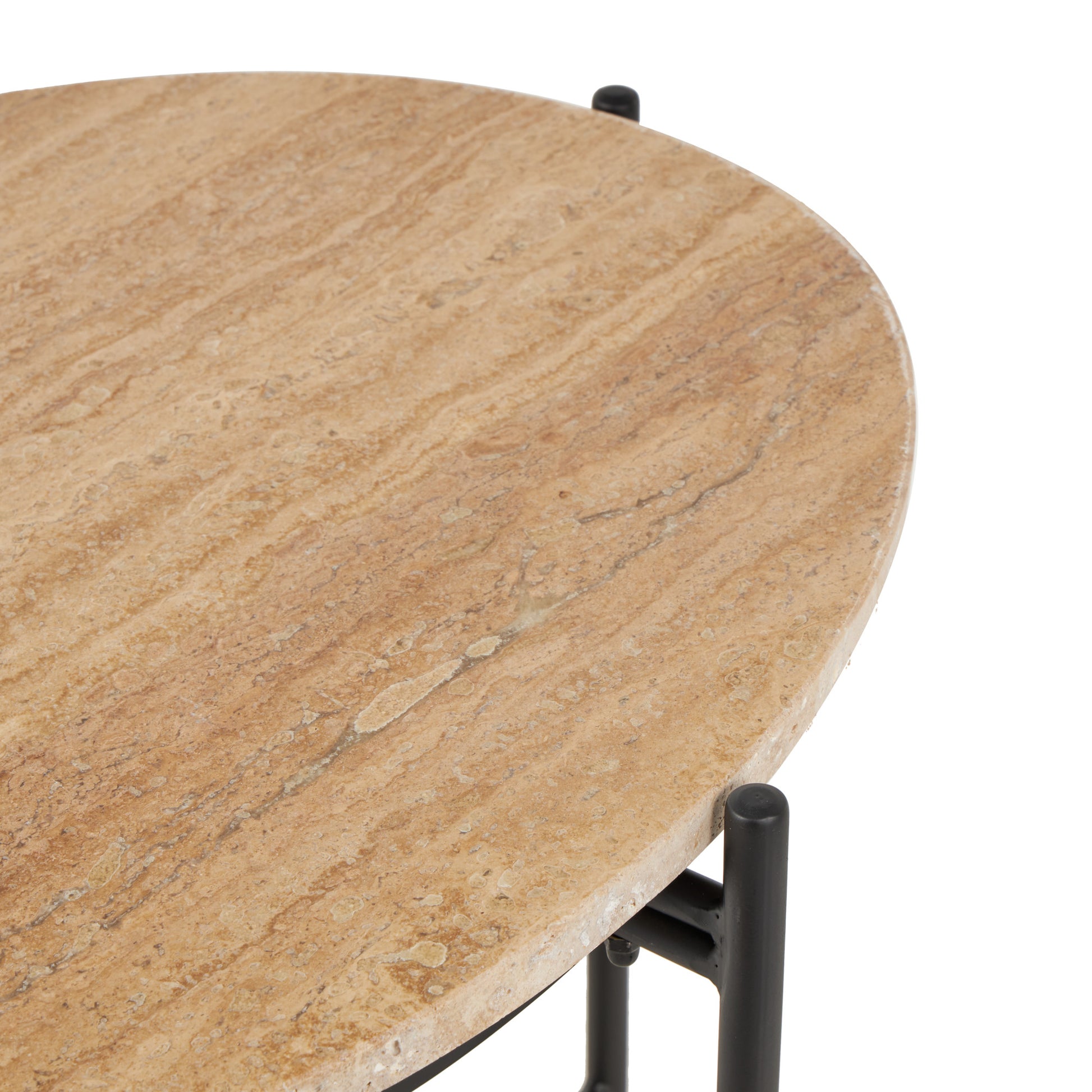 Beige Marble Round Side End Accent Table with Black Metal Support