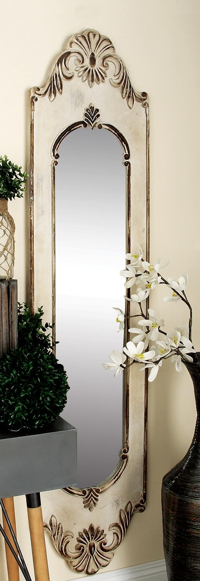 Floral White Wooden Slim Oval Vintage Style Room Wall Mirror with Carved Brown Scrollwork