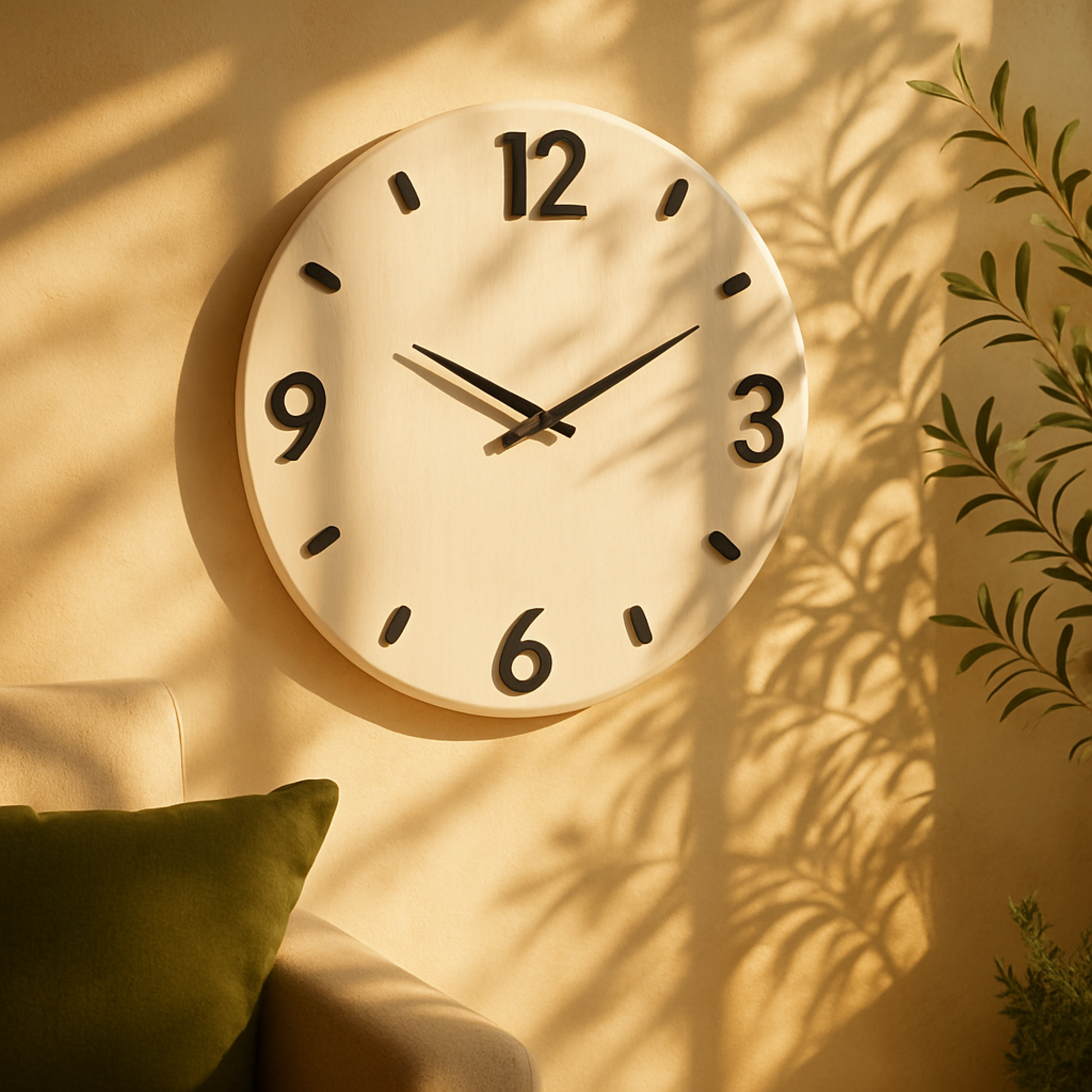 White Wood Round Decorative Wall Clock with Black Hands and Numbers