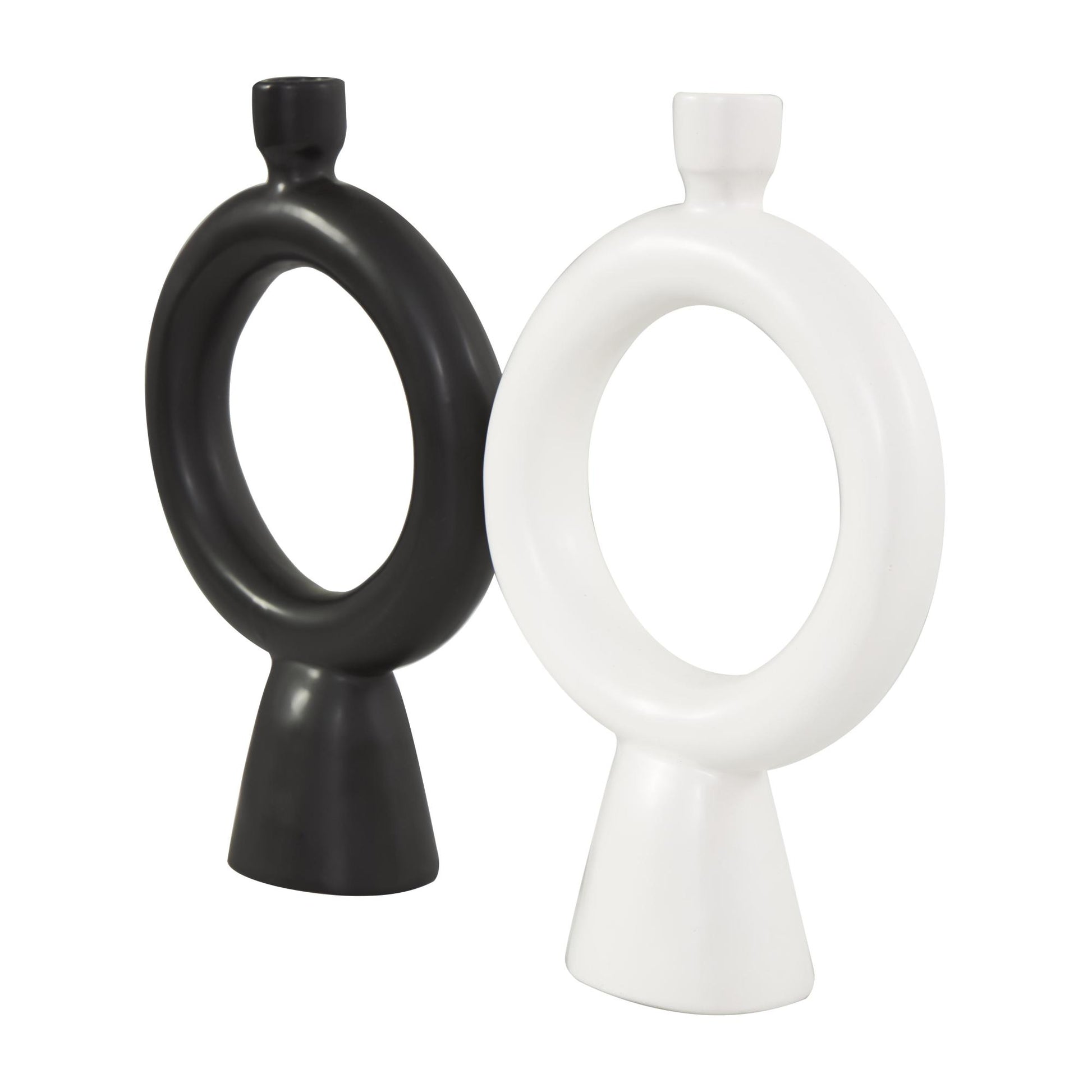 CosmoLiving by Cosmopolitan Set of 2 Geometric Black Ceramic Ring Decorative Candle Holder