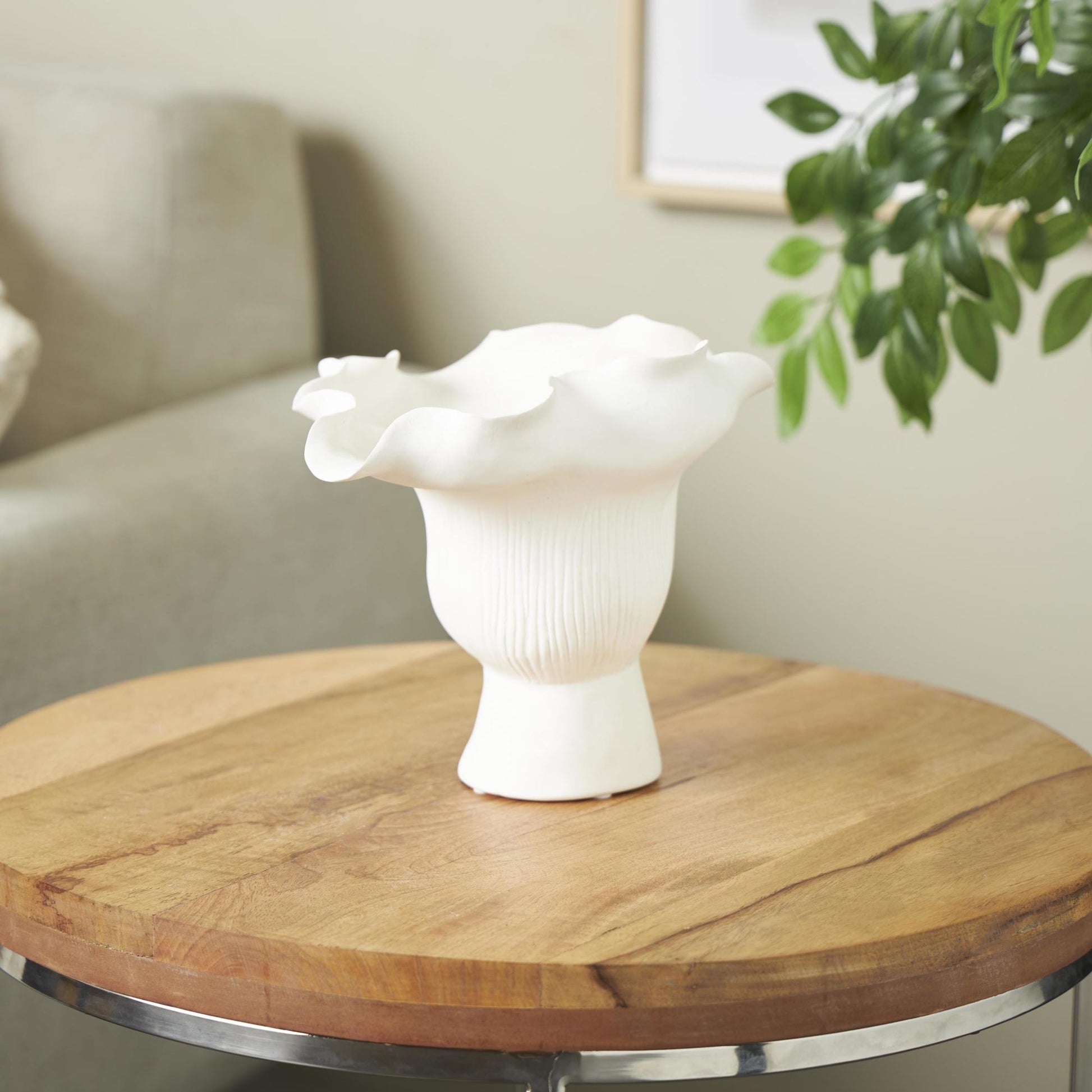 Abstract Ceramic Floral Inspired Decorative Vase with Wavy Folded Rim and Linear Grooves