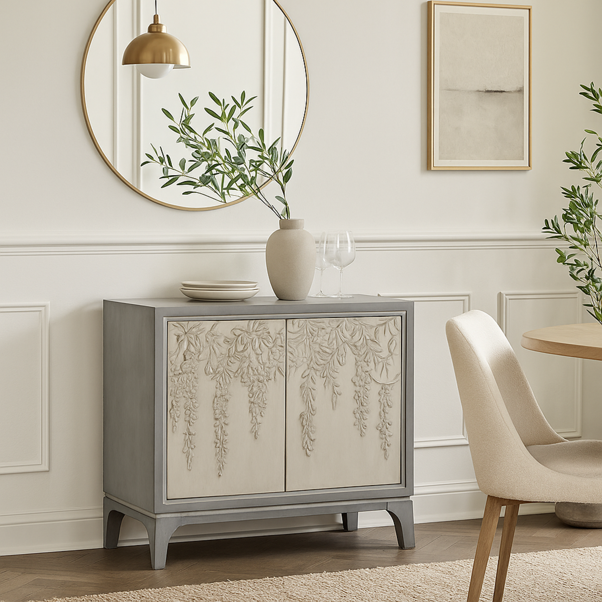 Floral Gray Wooden Relief 2 Door Room Cabinet with Cream Front Doors and Cascading Leaf Design