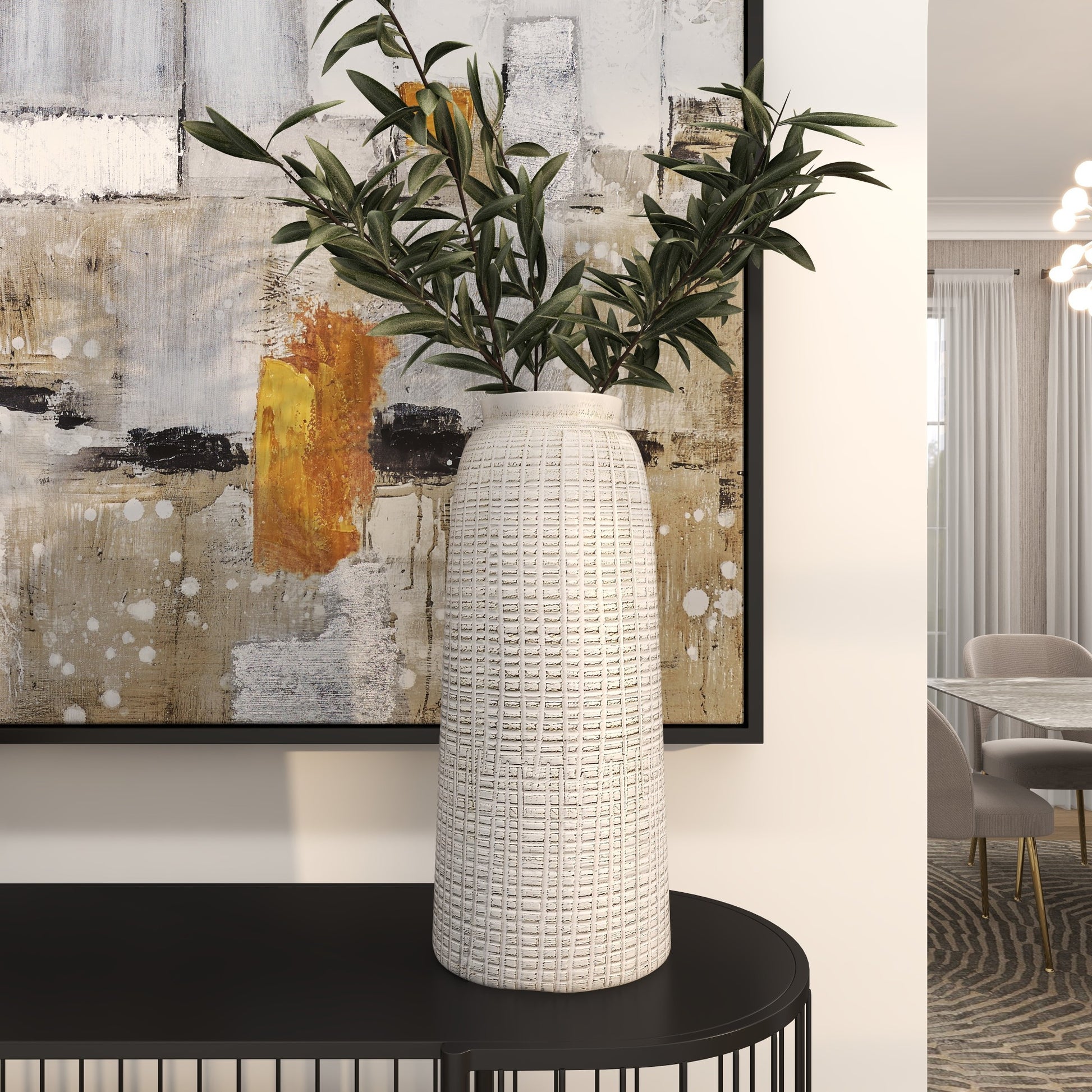 White Ceramic Textured Crosshatch Decorative Vase with Crosshatch Design