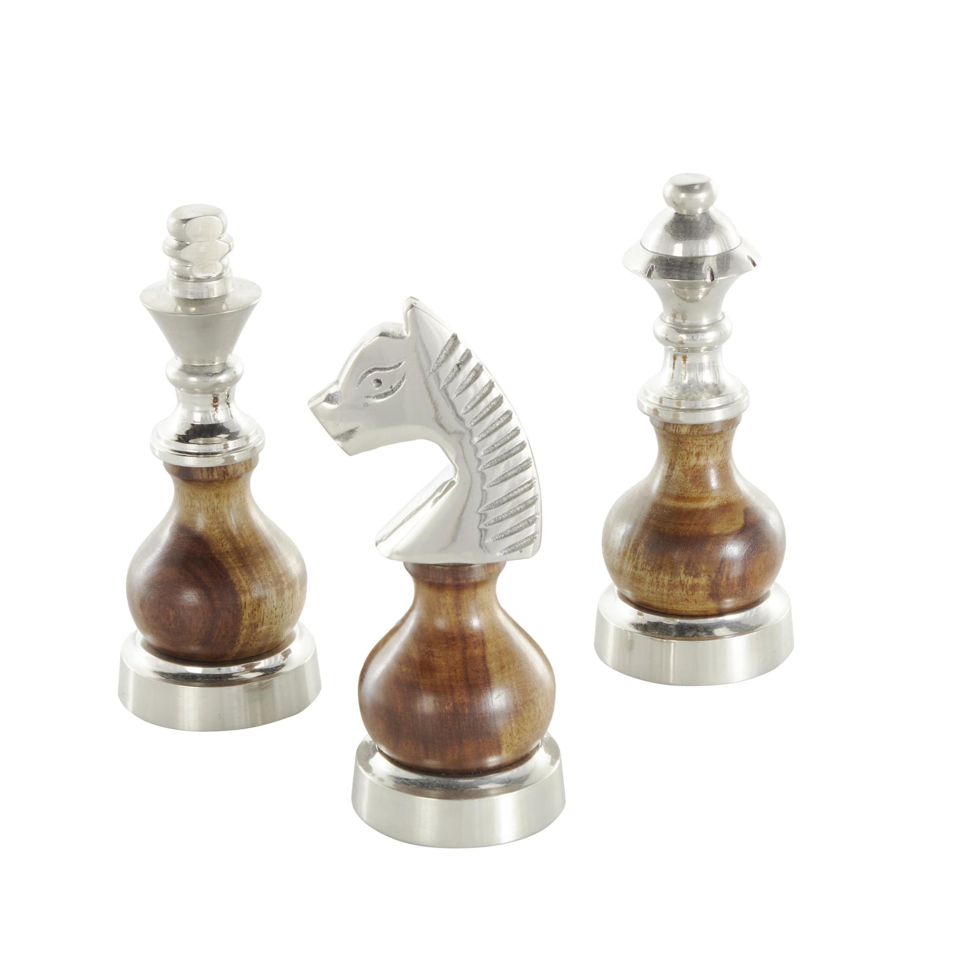 Set of 3 Chess Aluminum Metal Decorative Sculpture with Mango Wood Center Set of 3 2"W, 6"H