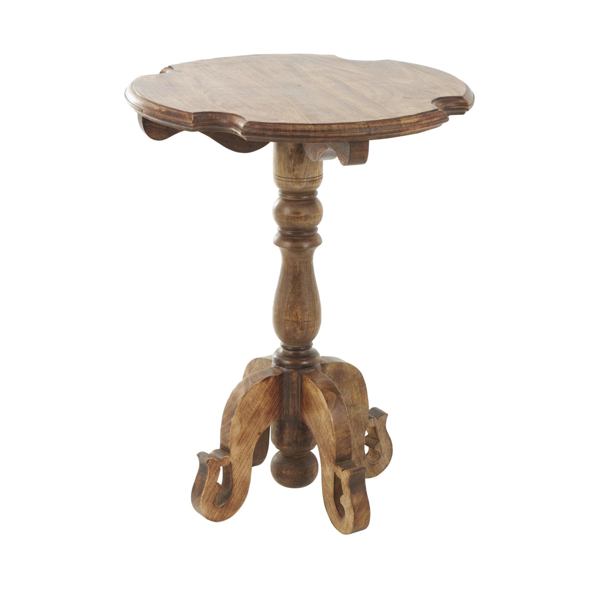 Brown Mango Wood Turned Side End Accent Table with Scrolled Legs and Cutout Tabletop