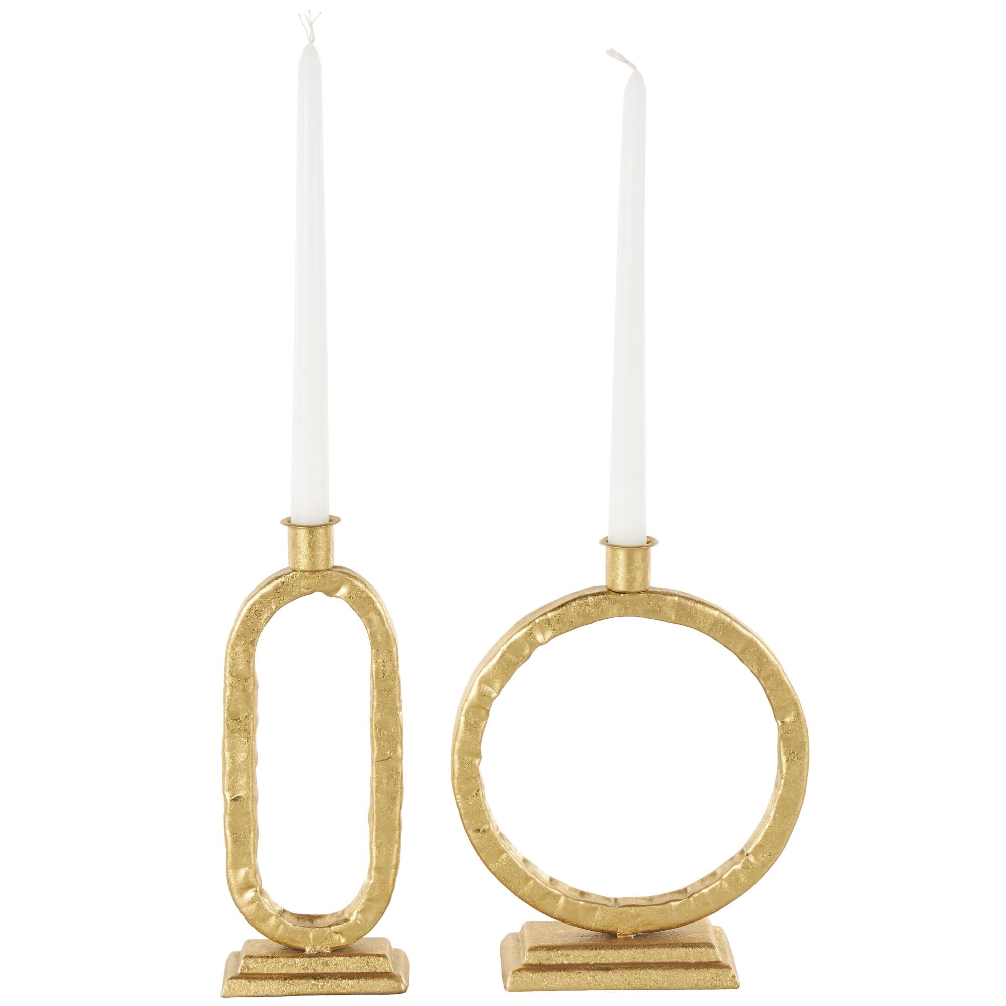 Set of 2 Gold Metal Tapered Decorative Candle Holder with Rectangle Base