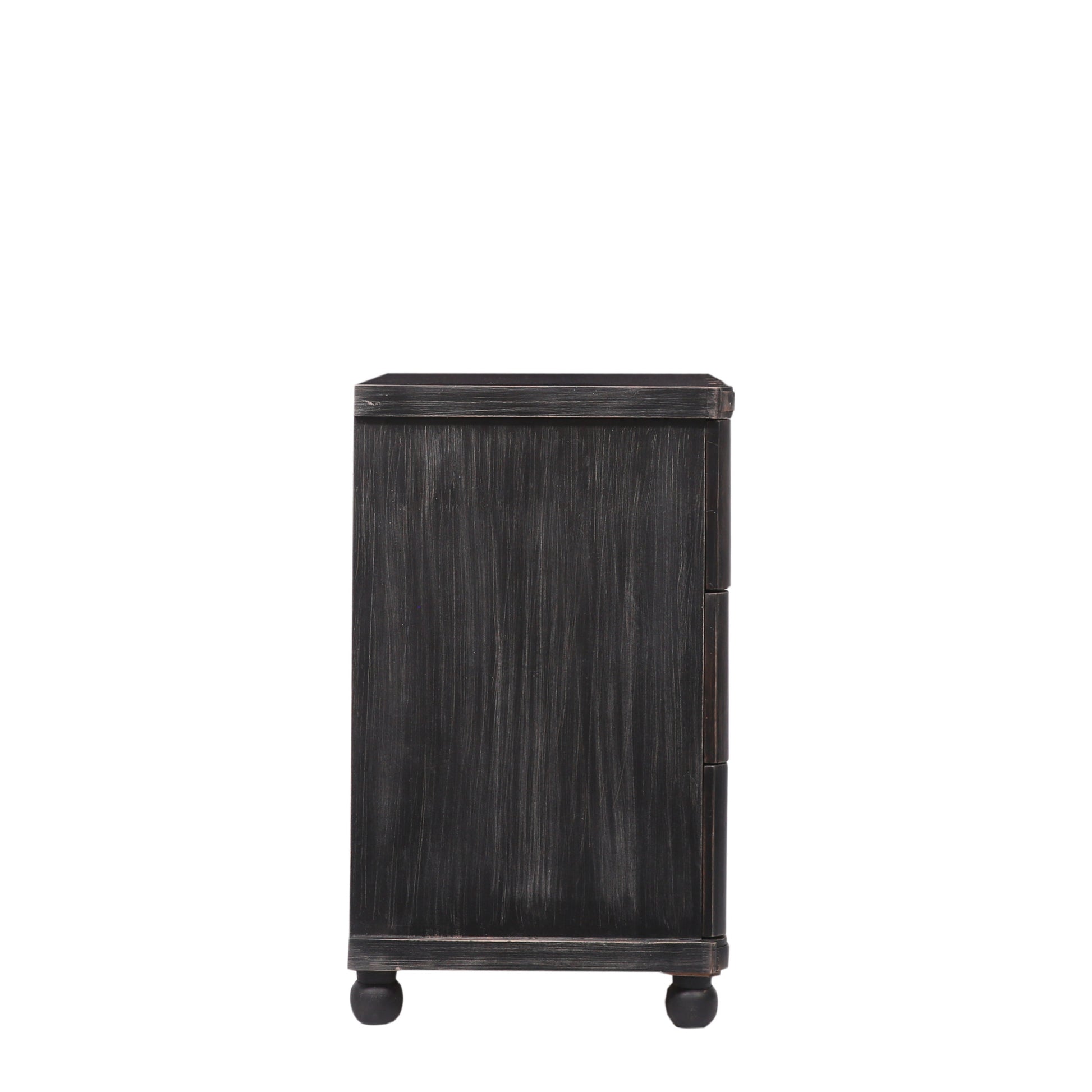 Black Mango Wood Distressed Scalloped 3 Drawer Room Chest with Vintage Knobs and Ball Feet