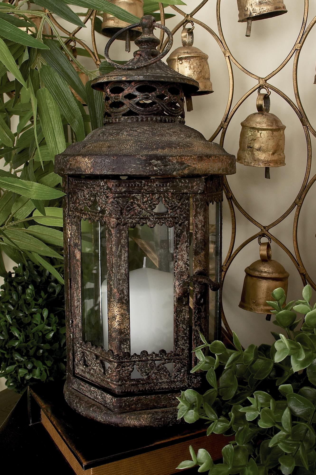 Scroll Brown Metal Decorative Indoor Outdoor Candle Lantern with Ring Handle