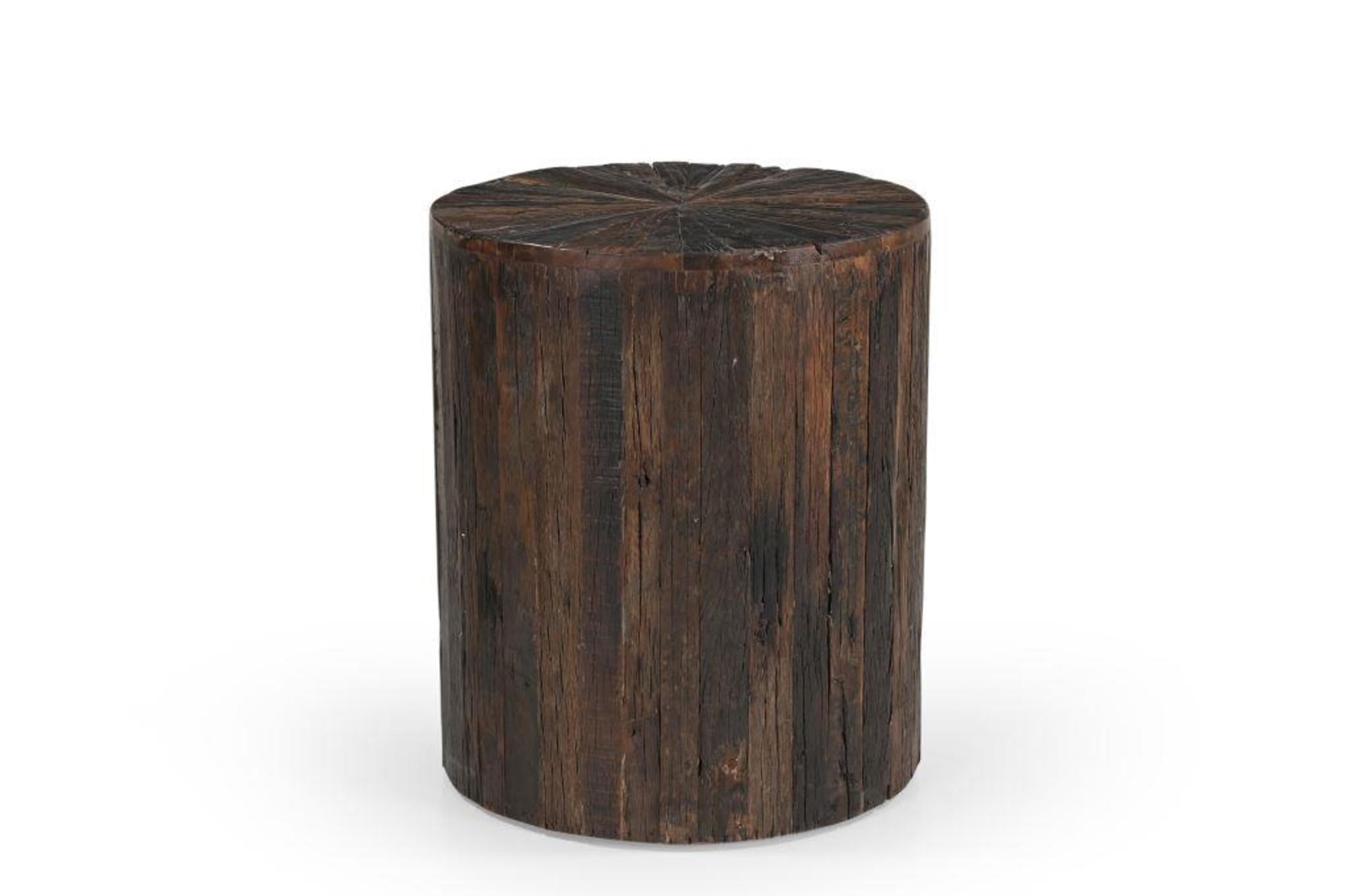 Sunburst Brown Wood Slatted Drum 1 Drawer Side End Accent Table with Natural Wood Texture