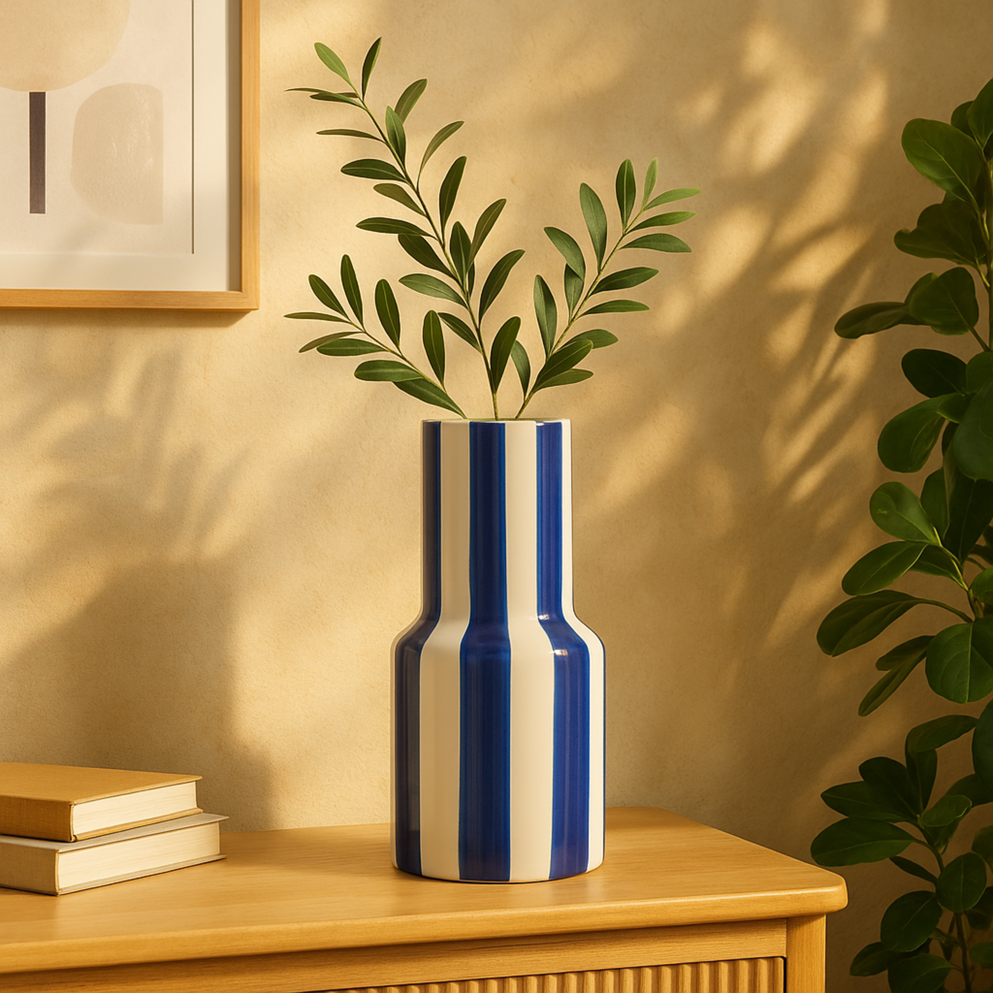 Ceramic Round Decorative Vase with Blue Vertical Stripes 5" x 5" x 11"