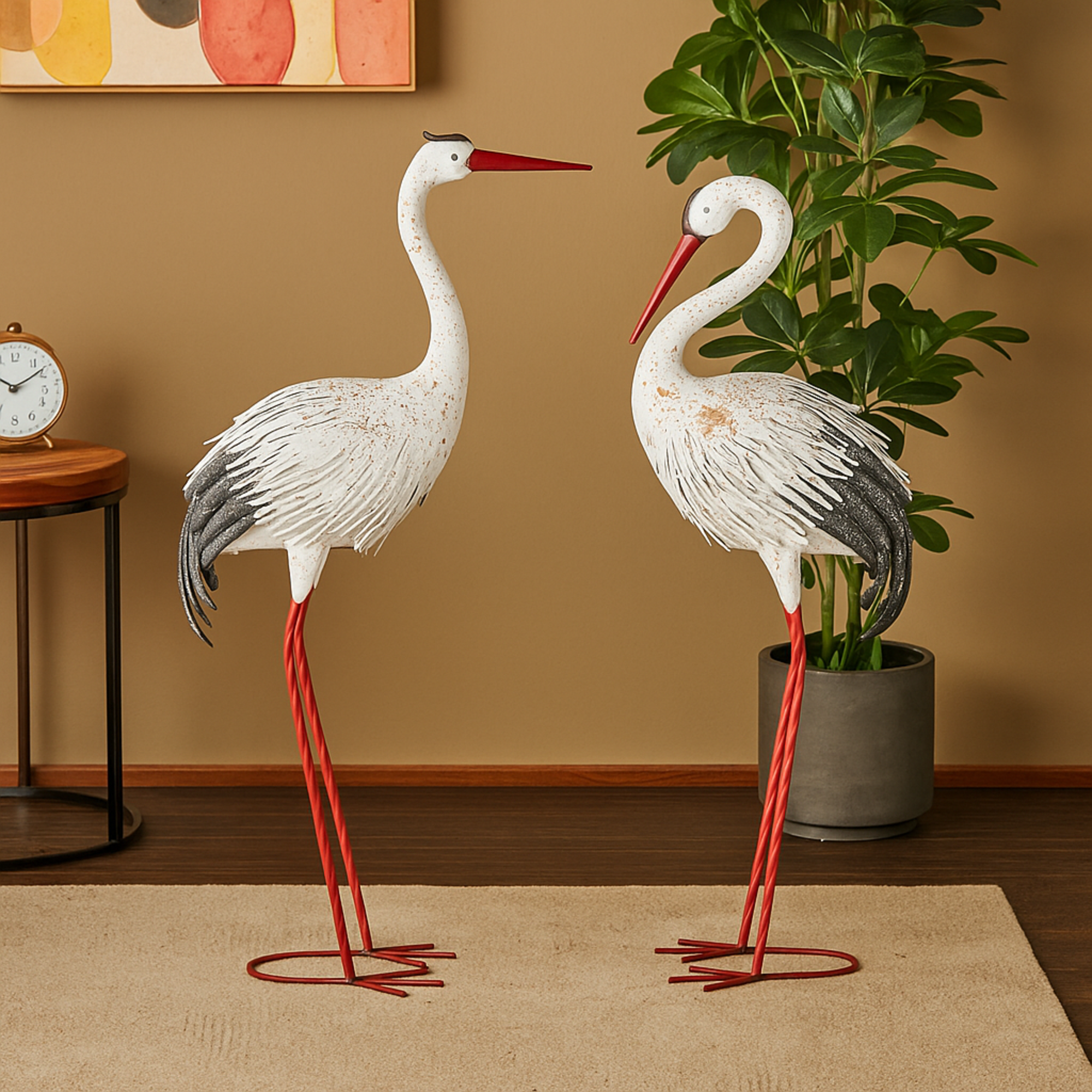 Set of 2 Crane White Metal Tall Decorative Garden Sculpture with Brown Speckled Texture and Red Accents