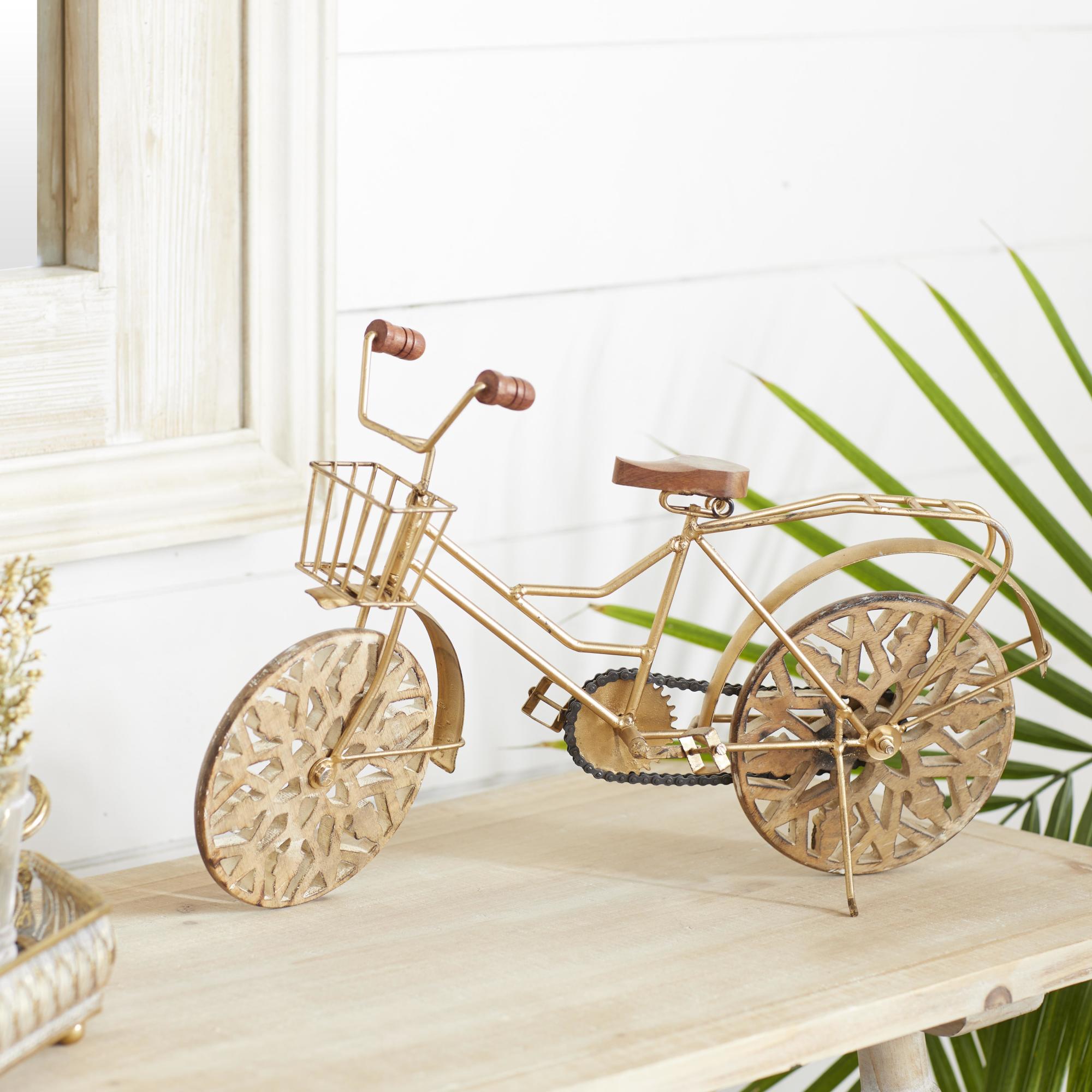 Bike Metal Decorative Sculpture with Carved Wood Wheels
