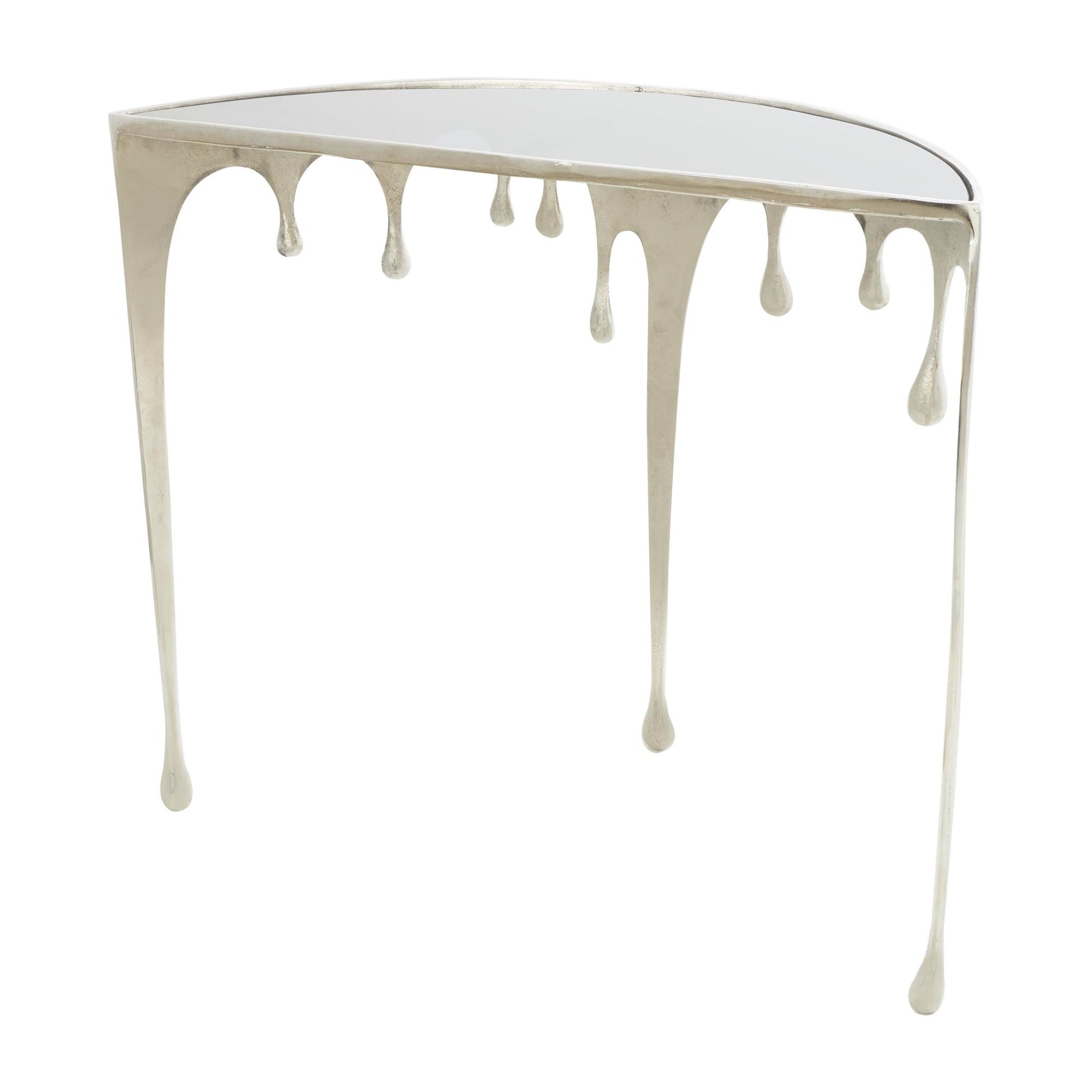 Abstract Aluminum Metal Crescent Drip Living Room Console Table with Melting Design Legs and Glass Top