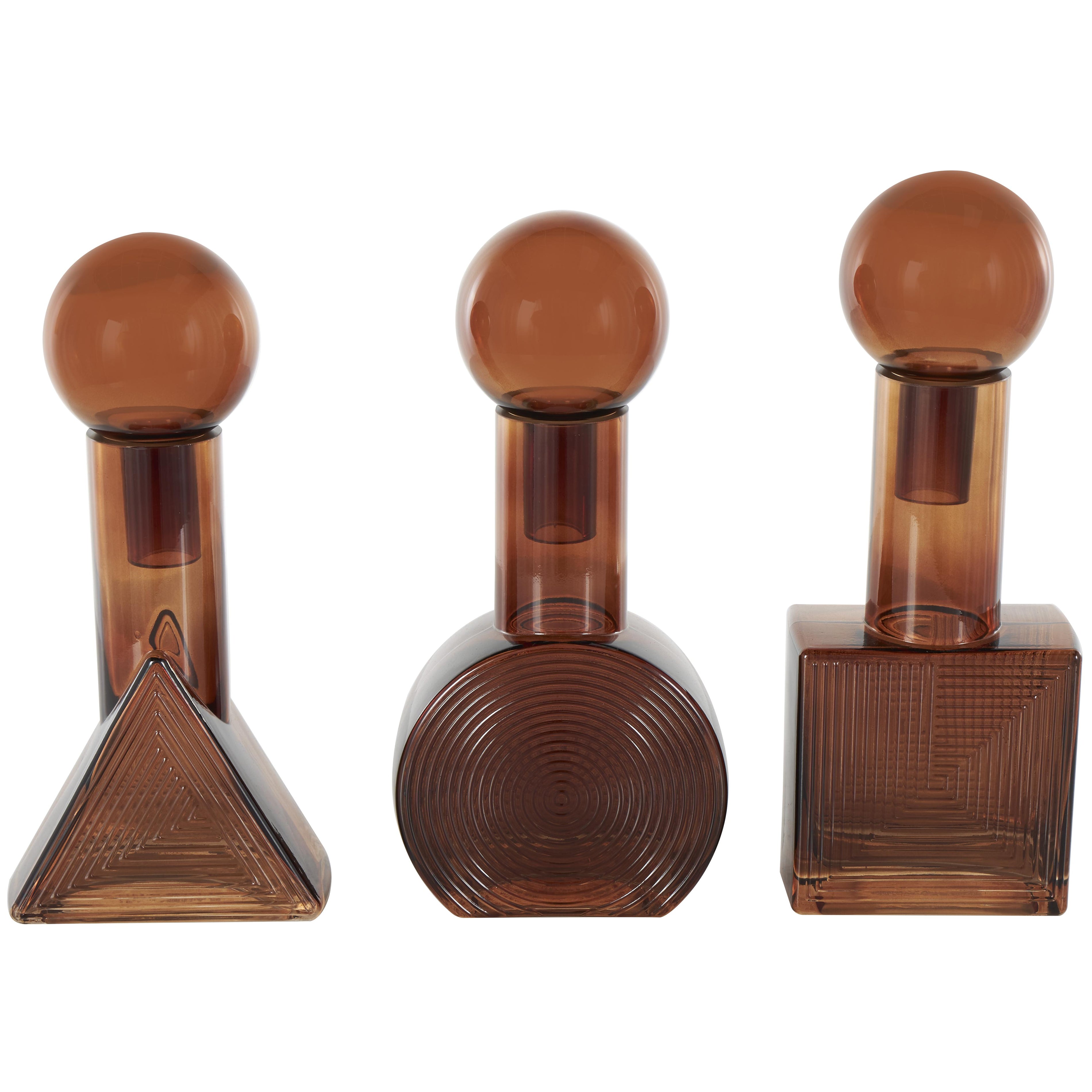 Set of 3 Geometric Brown Glass Triangle, Circle, Square Ombre Living Room Decorative Jars