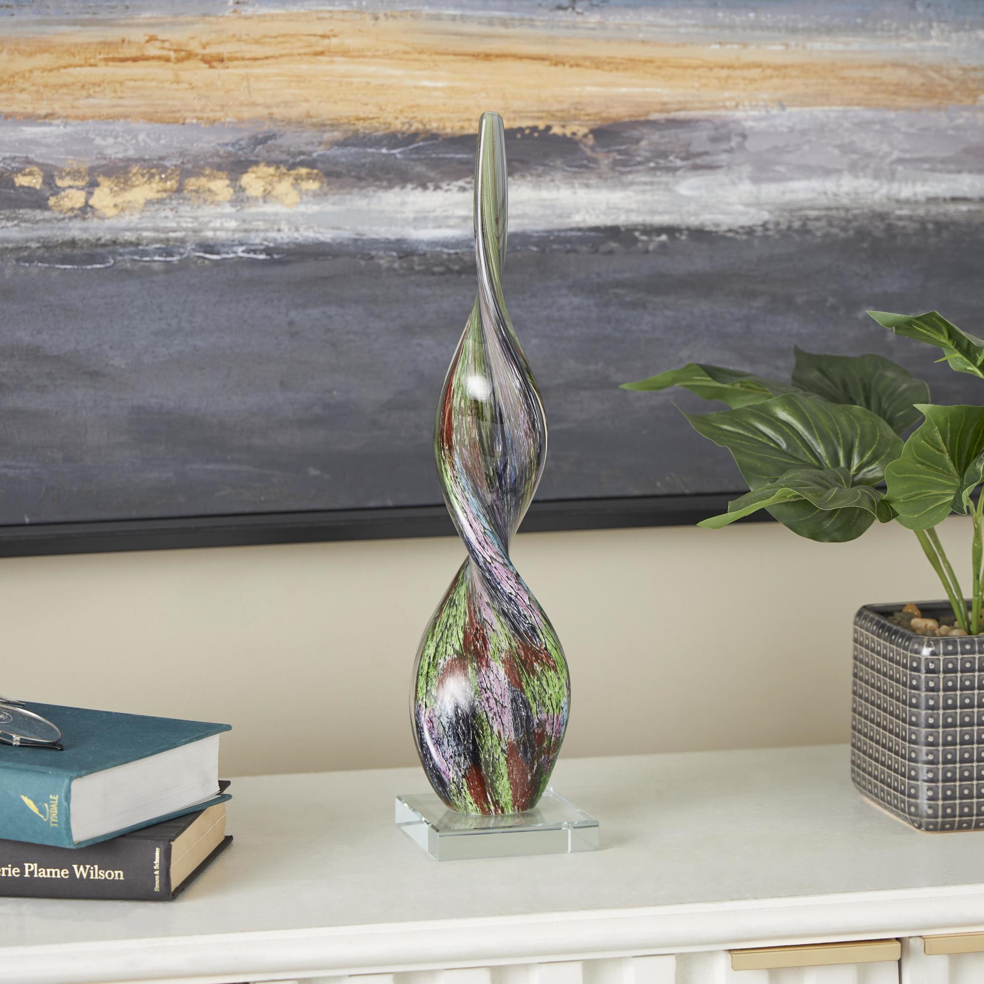 Abstract Multi Colored Glass Swirl Decorative Sculpture with Clear Base