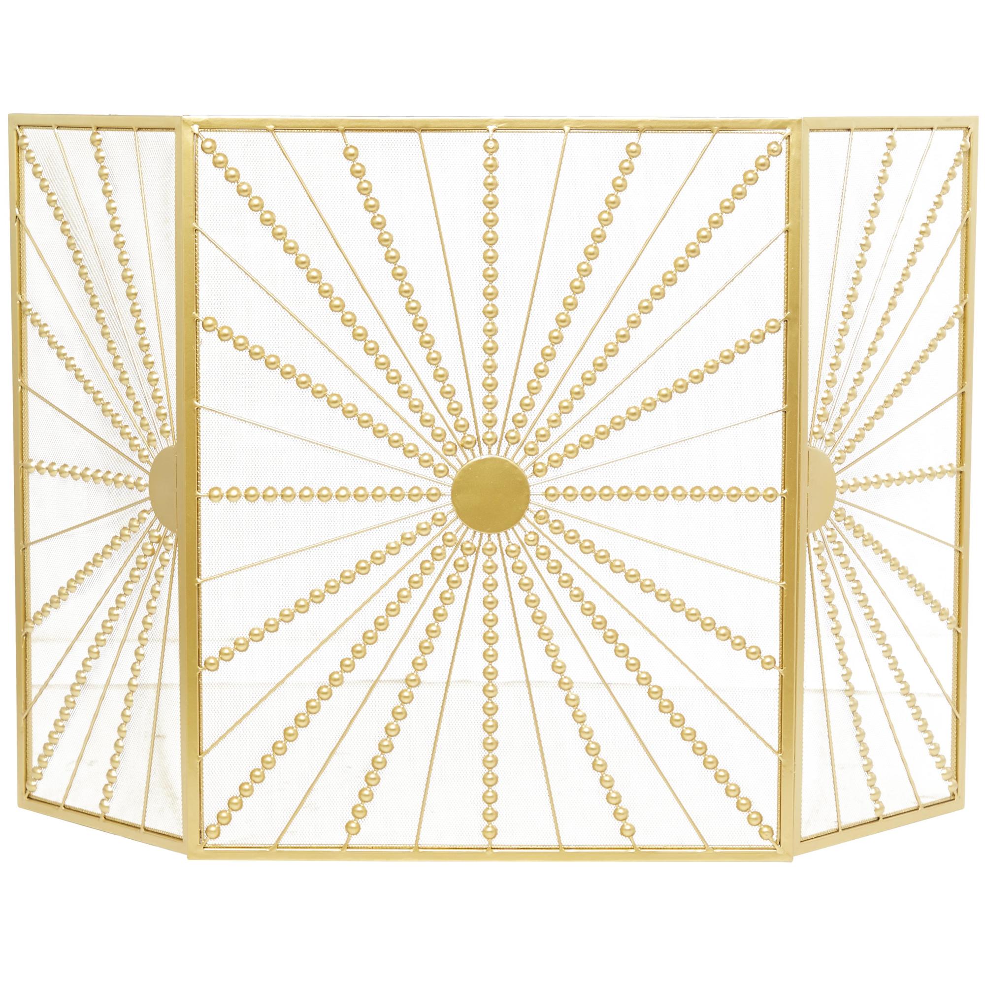 Starburst Gold Metal 3 Panel Living Room Fireplace Screen with Beaded Rays