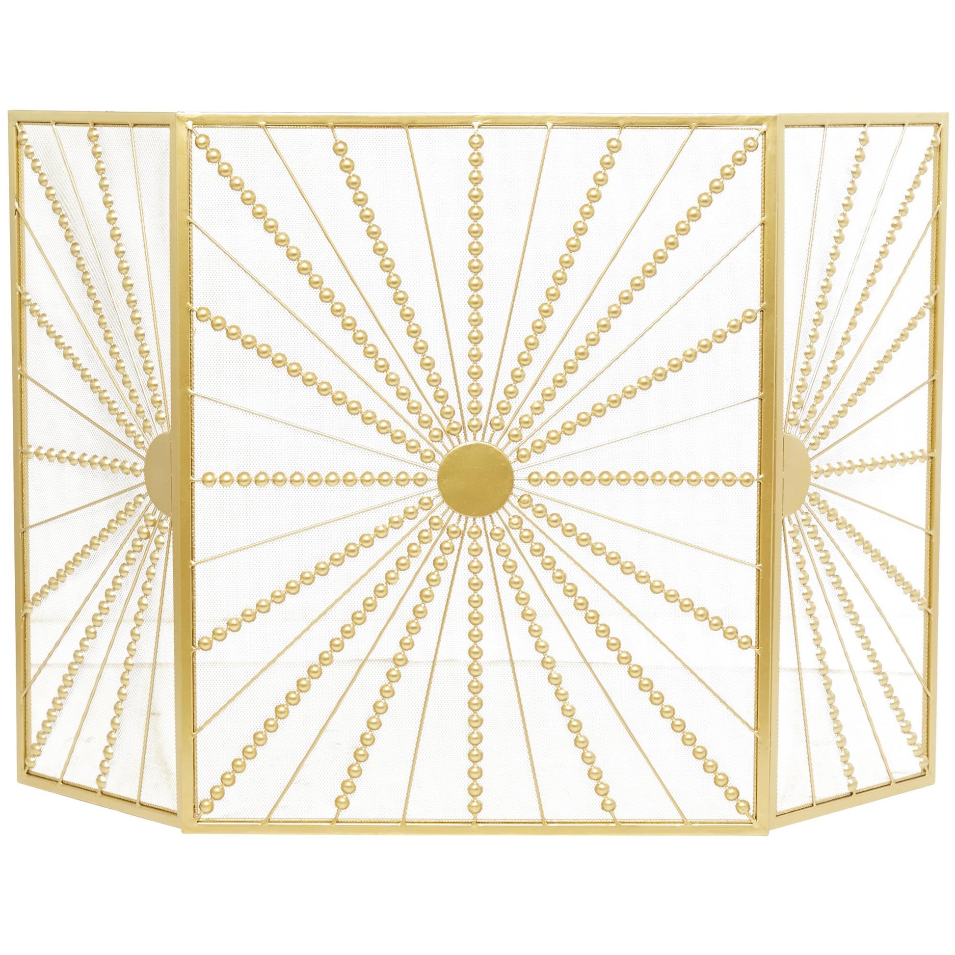 Starburst Gold Metal 3 Panel Living Room Fireplace Screen with Beaded Rays