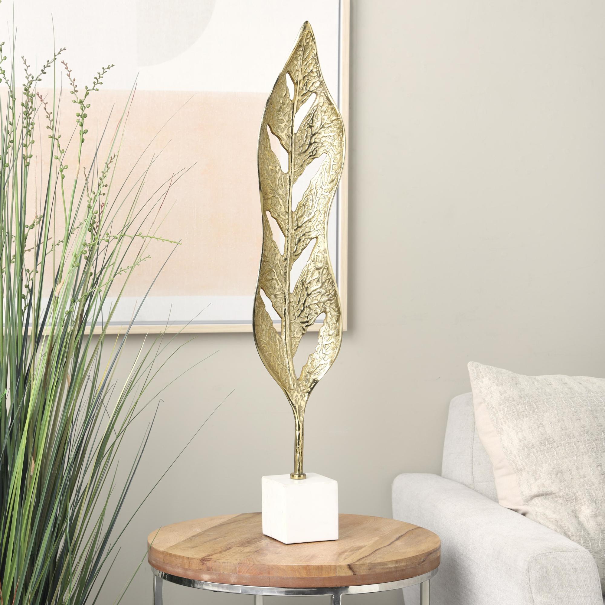Leaf Gold Aluminum Metal Tall Textured Cutout Decorative Sculpture with White Marble Base