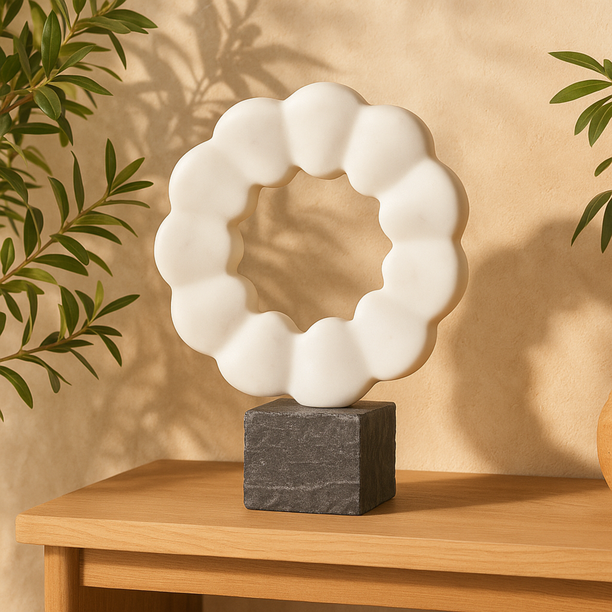 Geometric White Marble Floral Inspired Ring Decorative Sculpture with Black Block Base