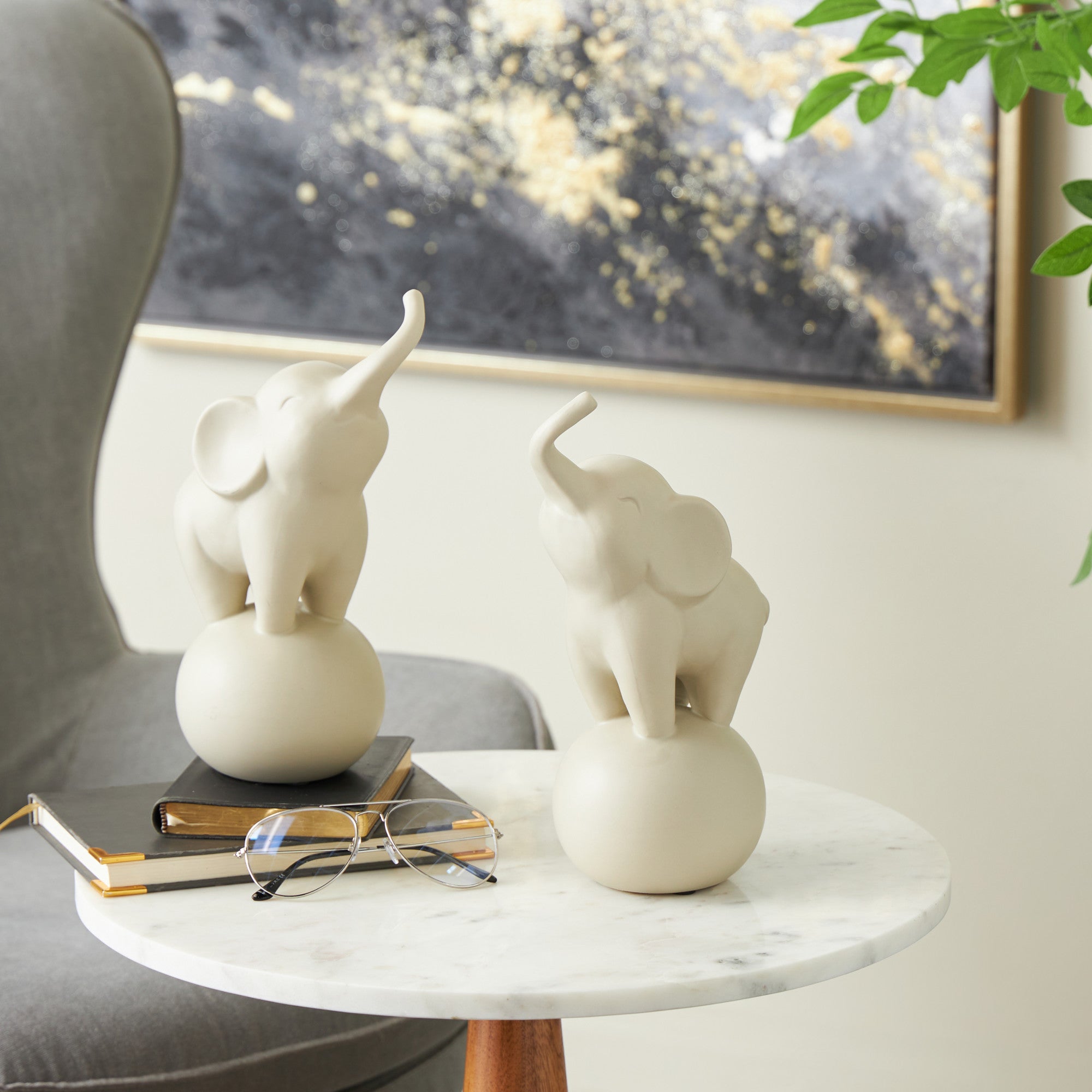 Set of 2 Elephant White Ceramic Trumpeting Decorative Sculpture with Round Base