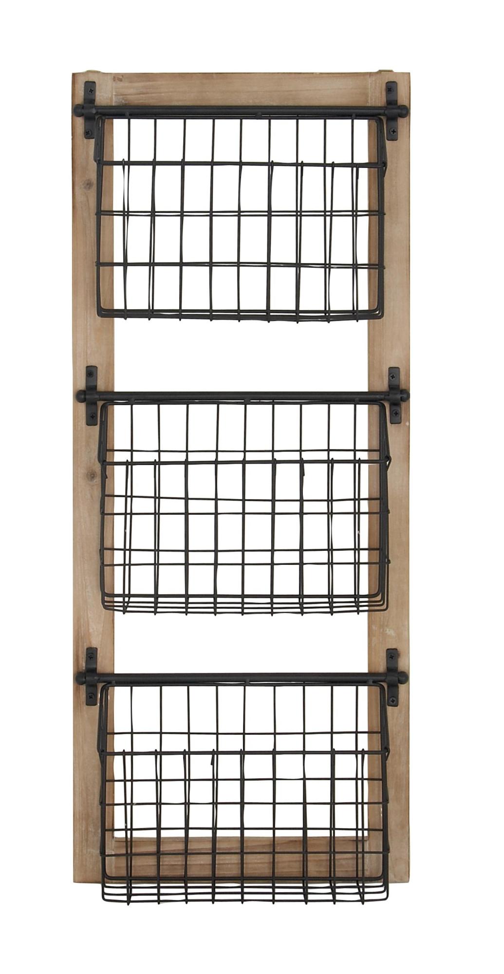 Black Metal 3 Slot Decorative Magazine Rack Holder with Suspended Baskets