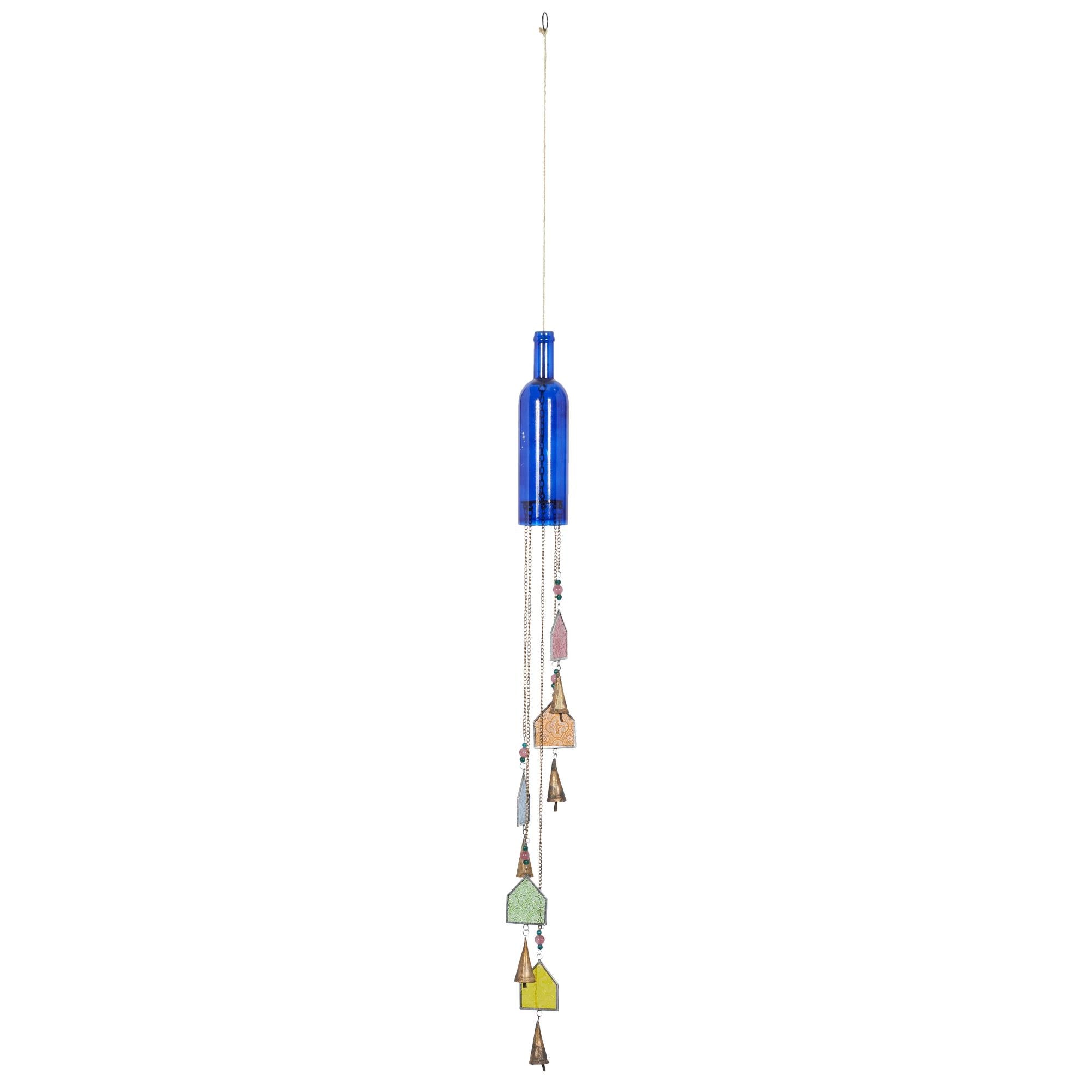 Blue Glass Handmade Bottle Indoor Outdoor Windchime with Beads and Cone Bells