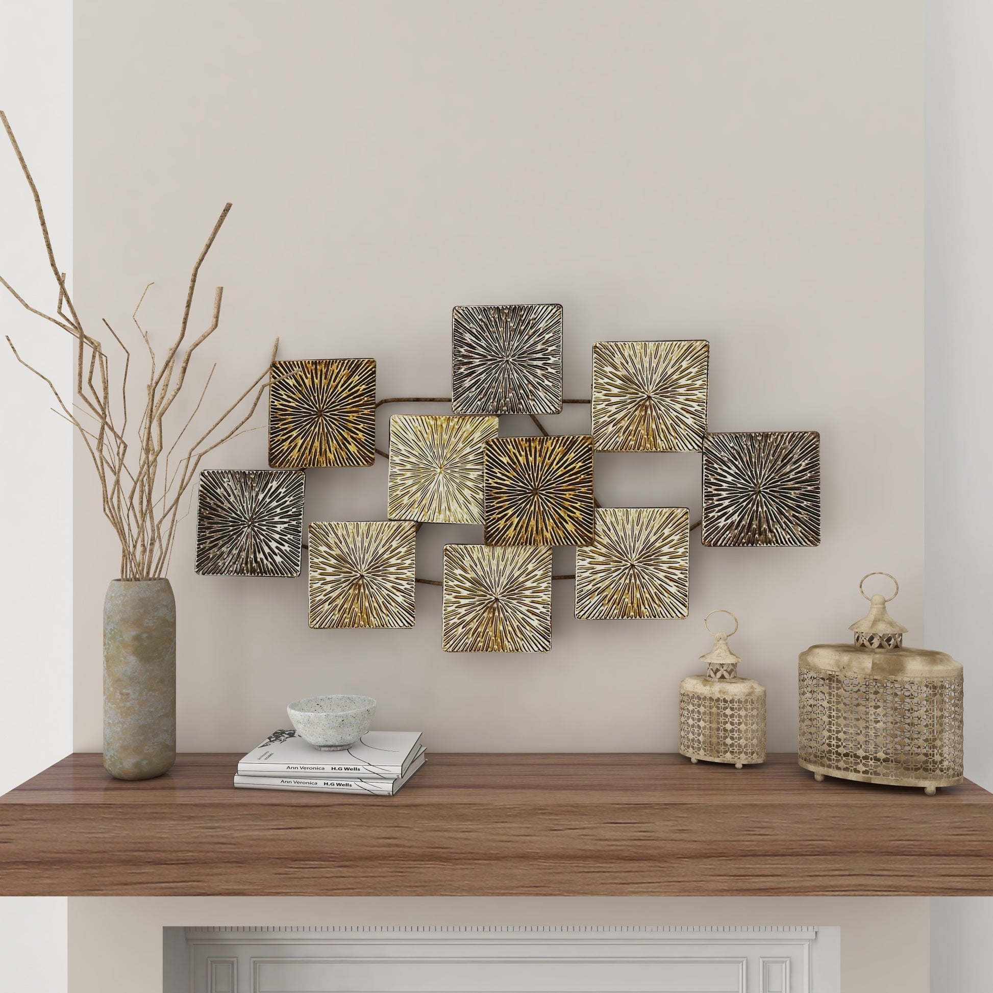Sunburst Gold Metal Carved Overlapping Square Home Wall Decor