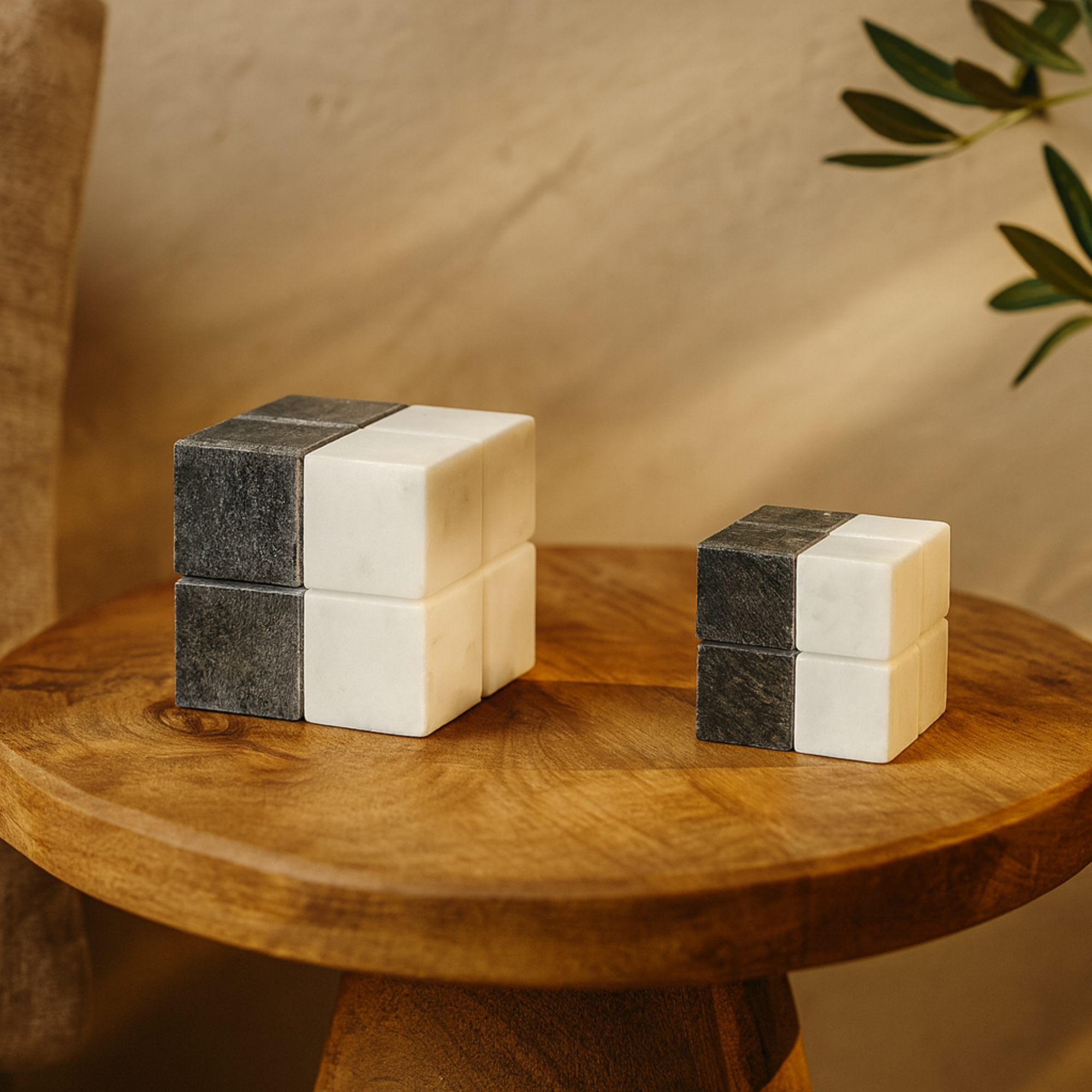 Set of 2 Geometric White Marble Dice Decorative Sculpture with Black Accent