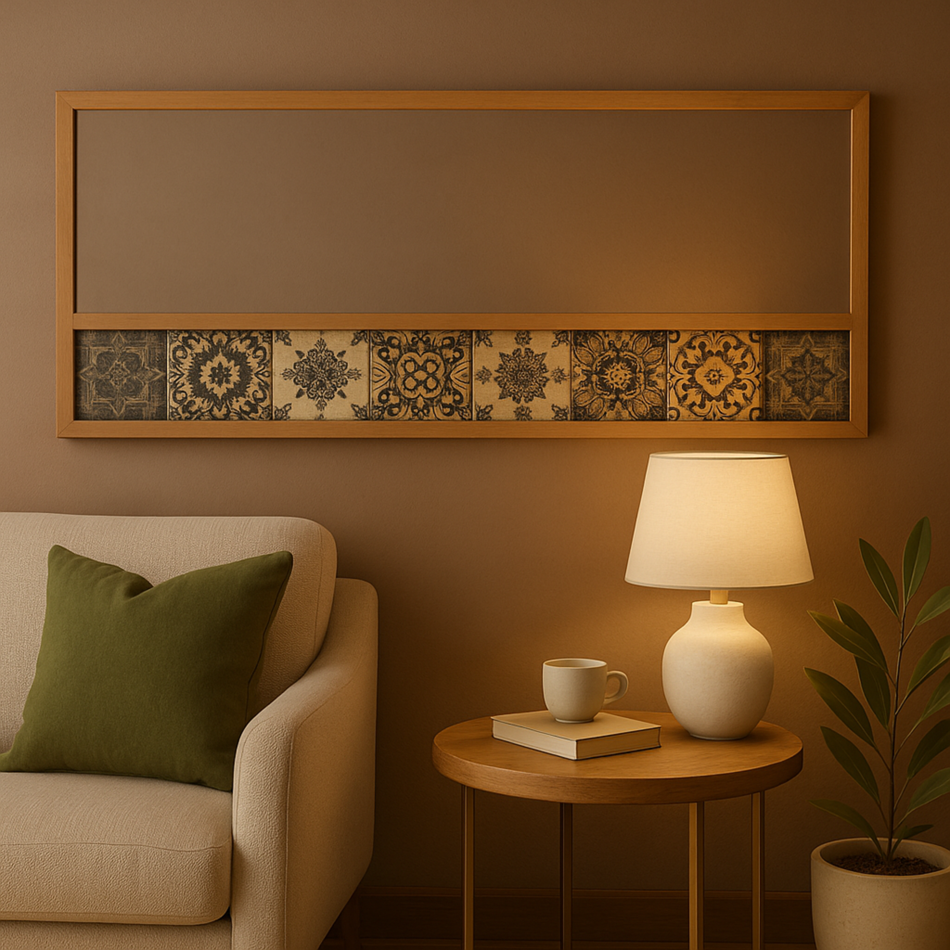 Floral Brown Wood Room Wall Mirror with Patterned Mosaic Tile Edge