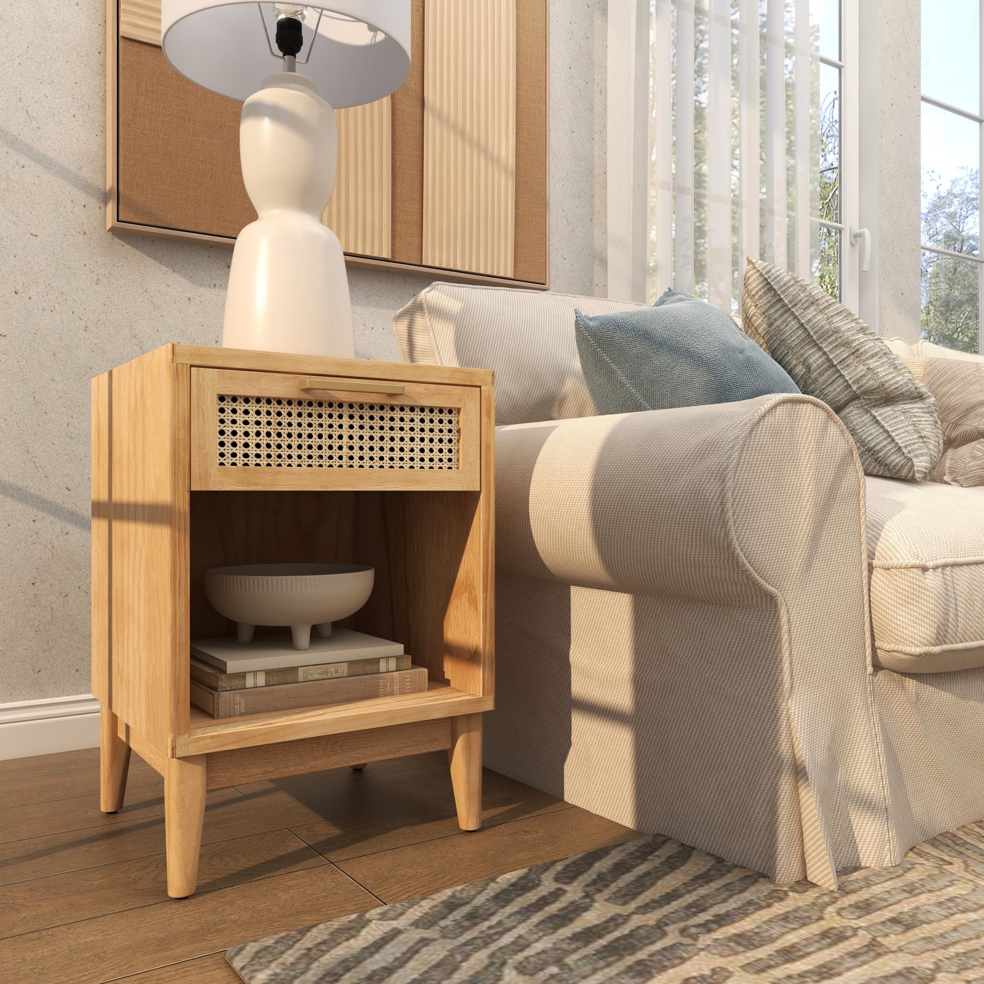 Wood 1 Drawer and 1 Cubby Shelf Side End Accent Table with Beige Rattan Drawer and Gold Handle