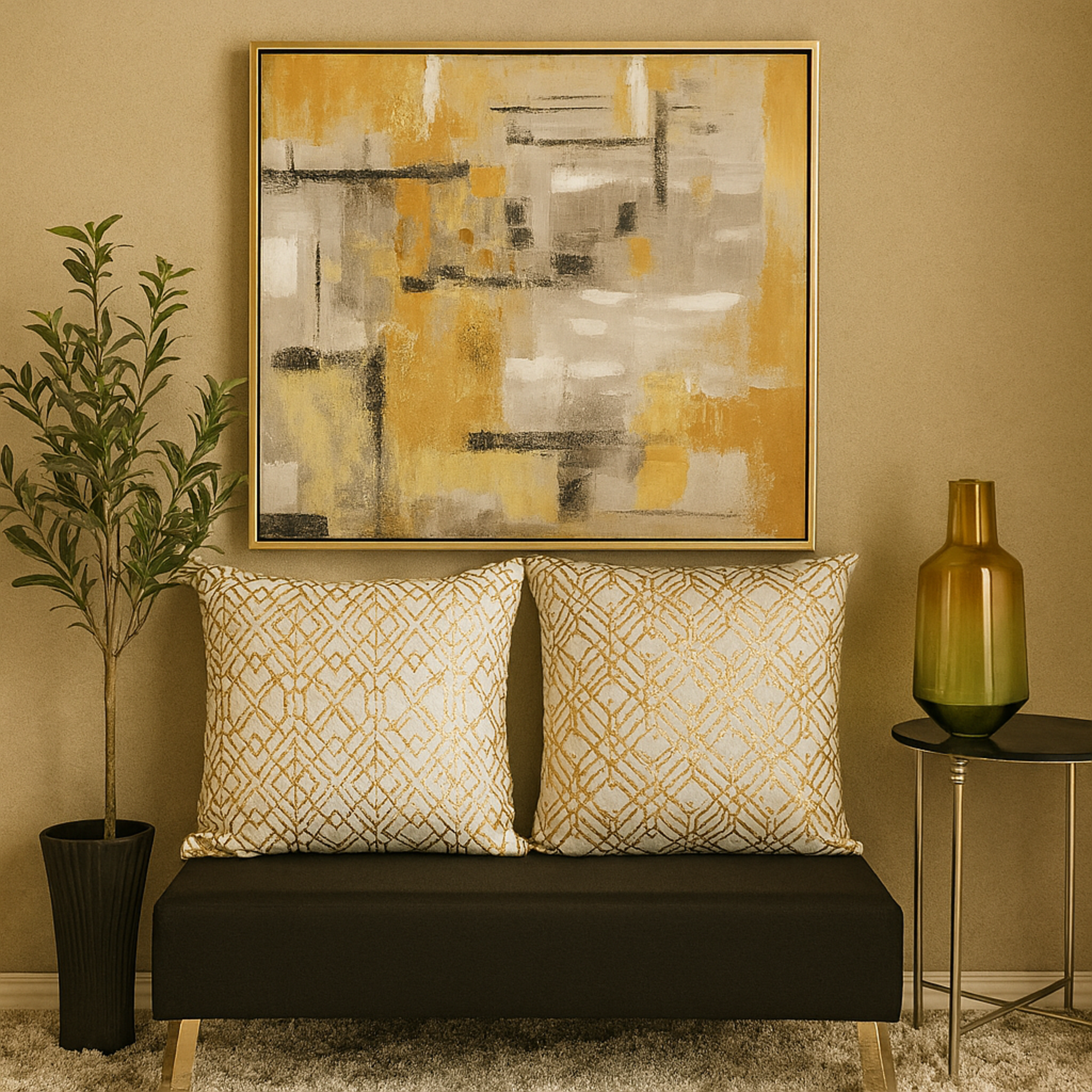 Abstract Gold Canvas Living Room Framed Wall Art with Gold Frame