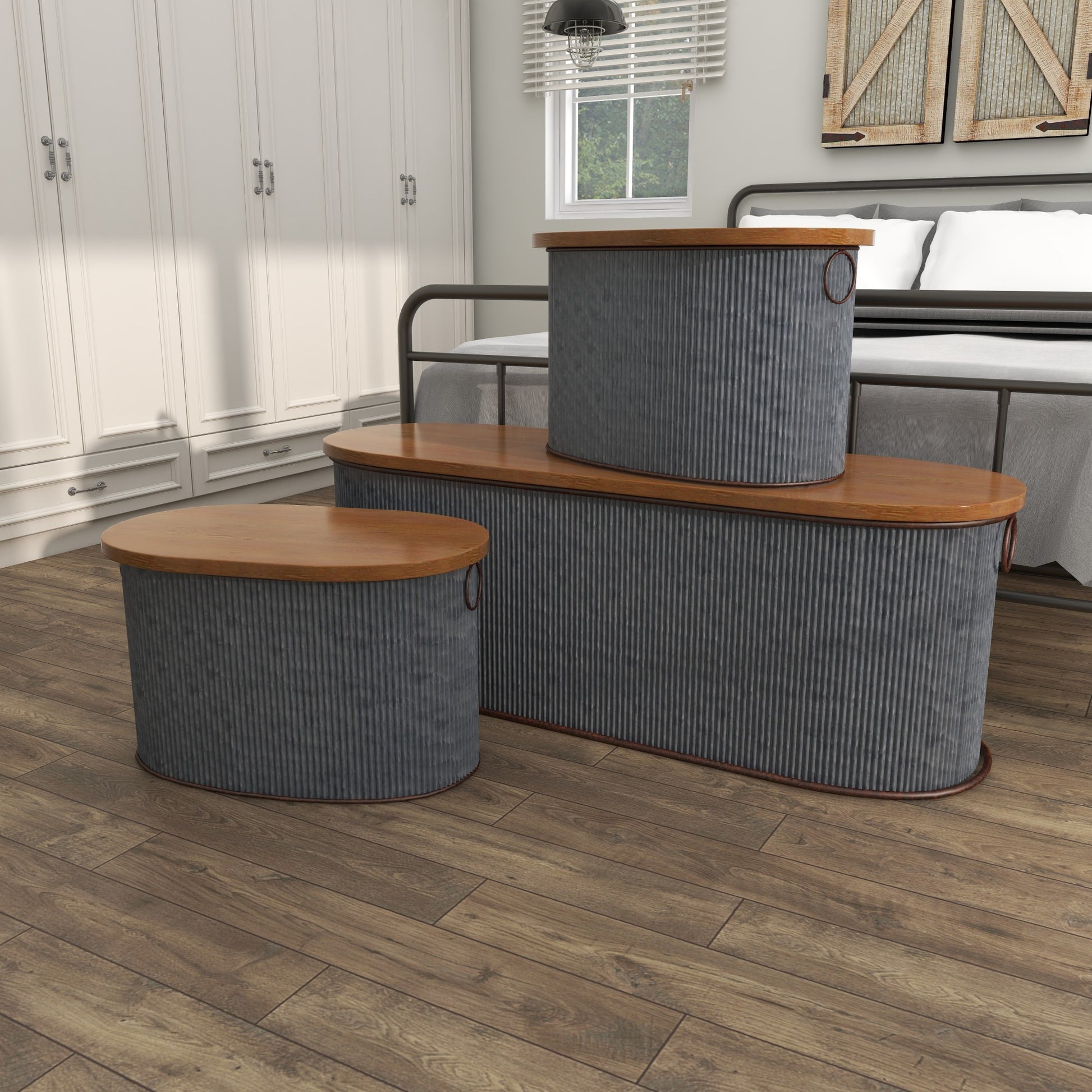 Set of 3 Silver Metal Room Storage Bench with Brown Wood Top